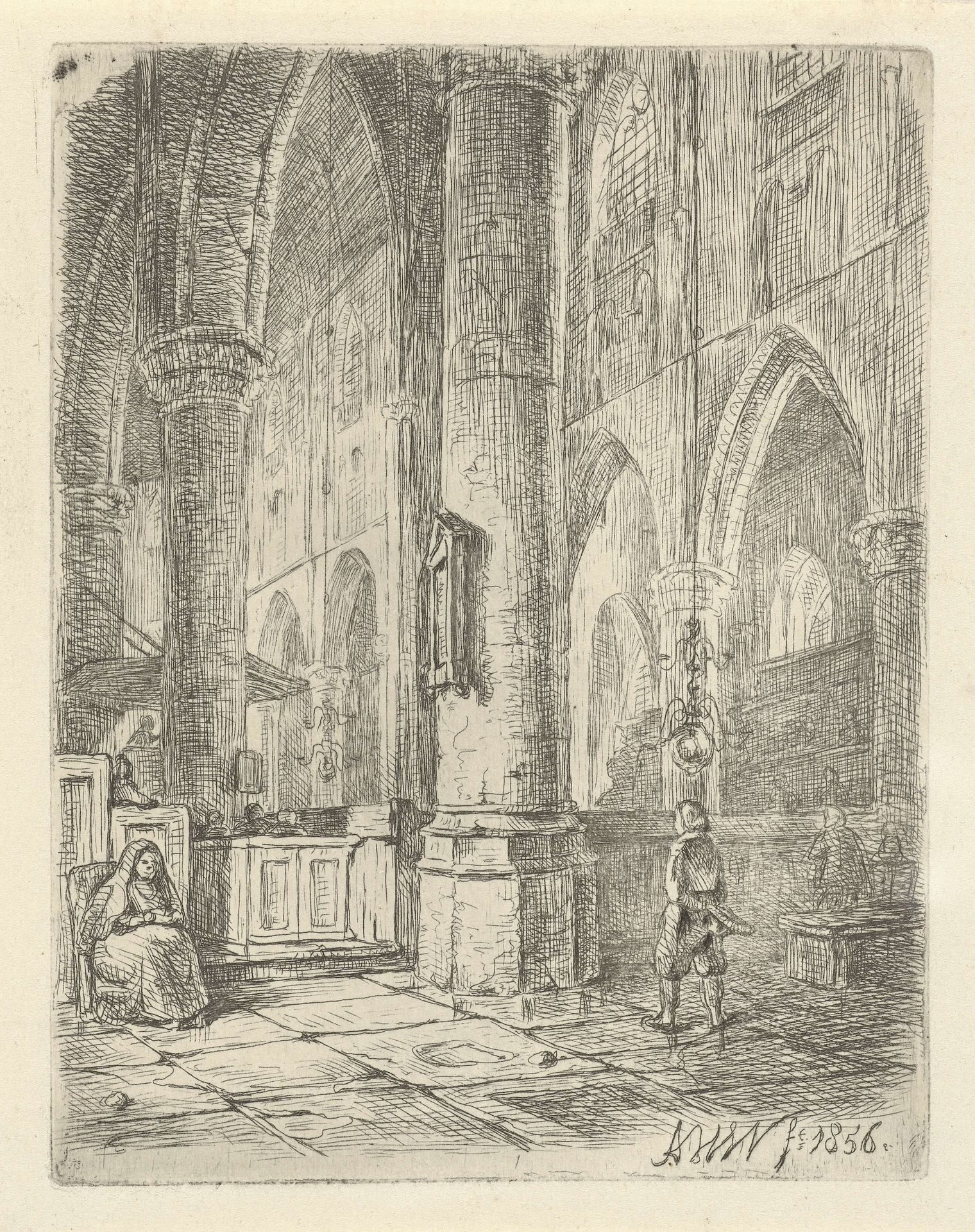 Kerkinterieur met een jongen en een zittende vrouw by Adrianus Wilhelmus Nieuwenhuyzen