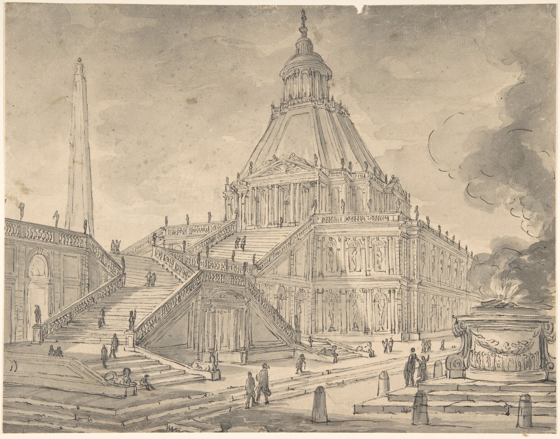 Architectural Fantasy: Temple-like Building with Colonnades, a Monumental Staircase, and a Burnt Offering (Sacrifice) in the Foreground by Anonymous