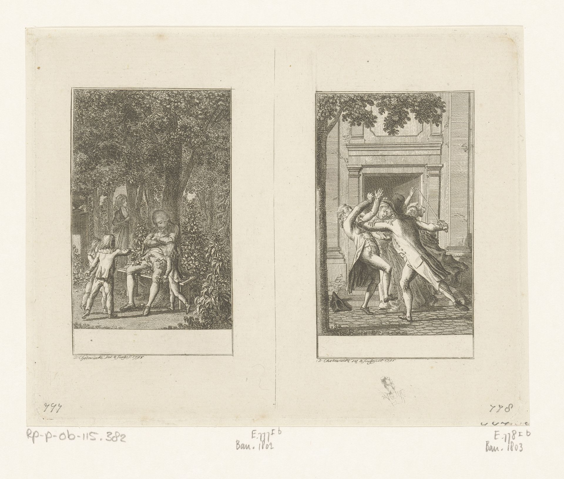 Twee voorstellingen uit het leven van Bendorf by Daniel Nikolaus Chodowiecki