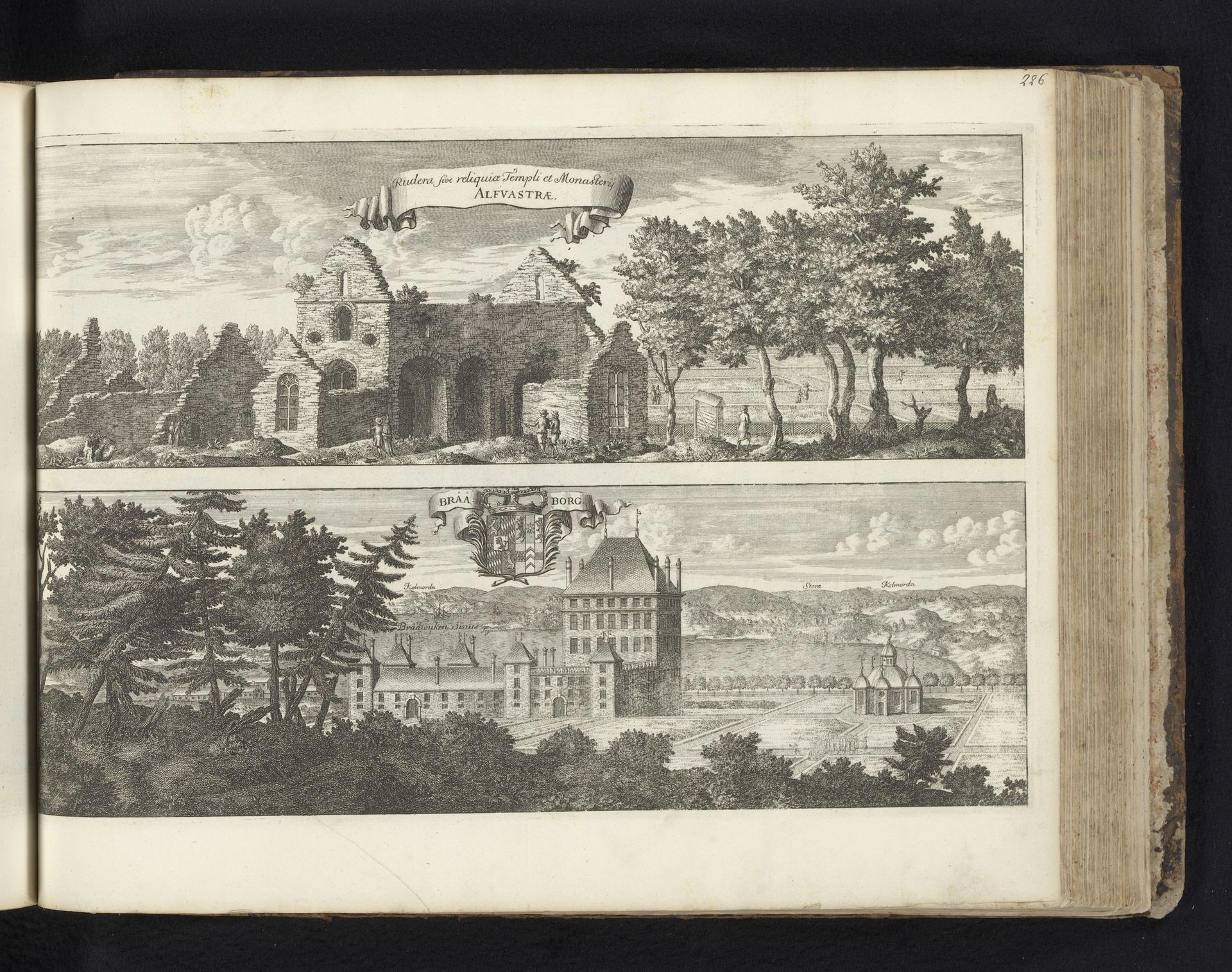 Gezicht op klooster Alvastra en landgoed Bråborg by Willem Swidde