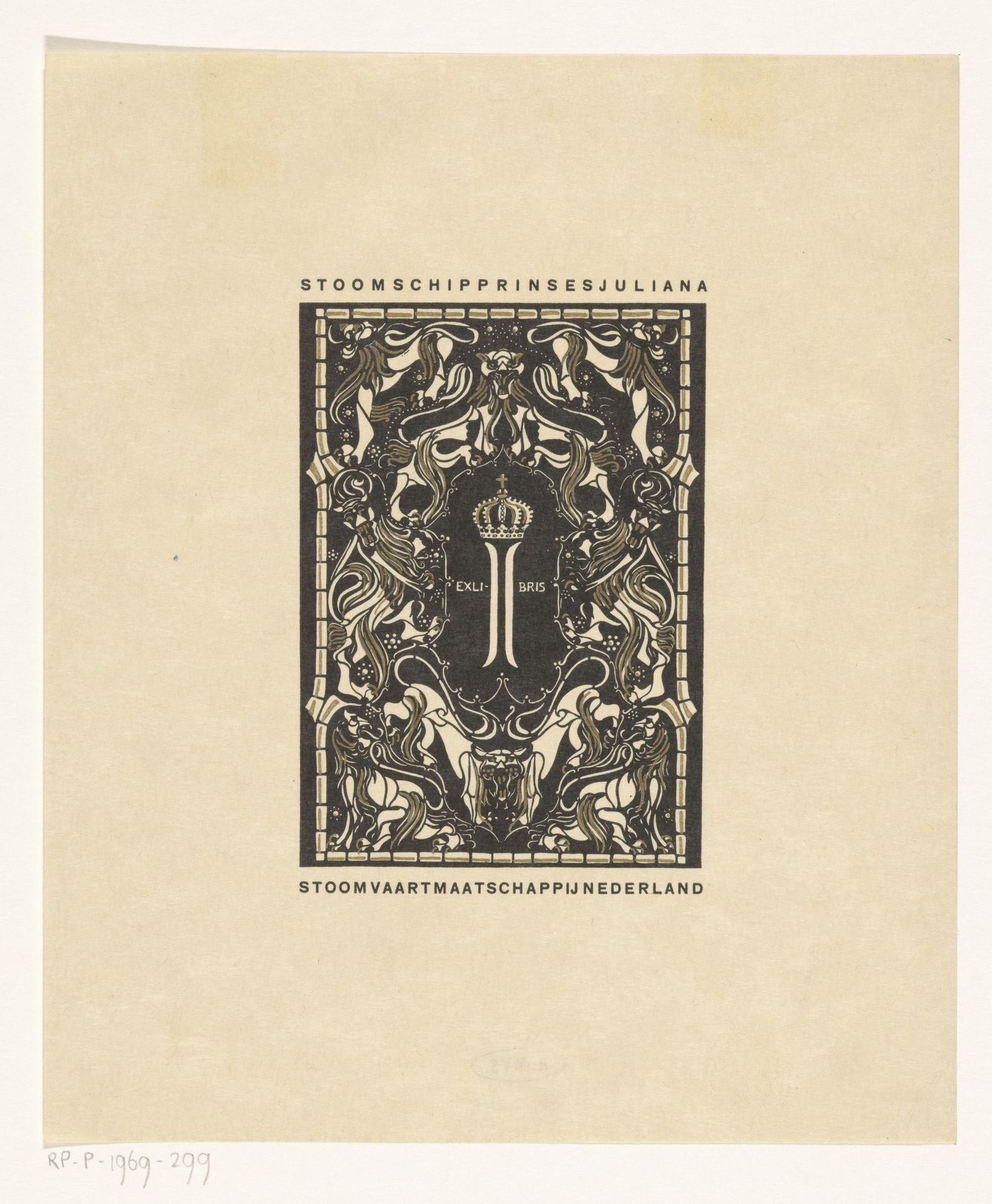 Ex libris van het stoomschip Prinses Juliana by Carel Adolph Lion Cachet