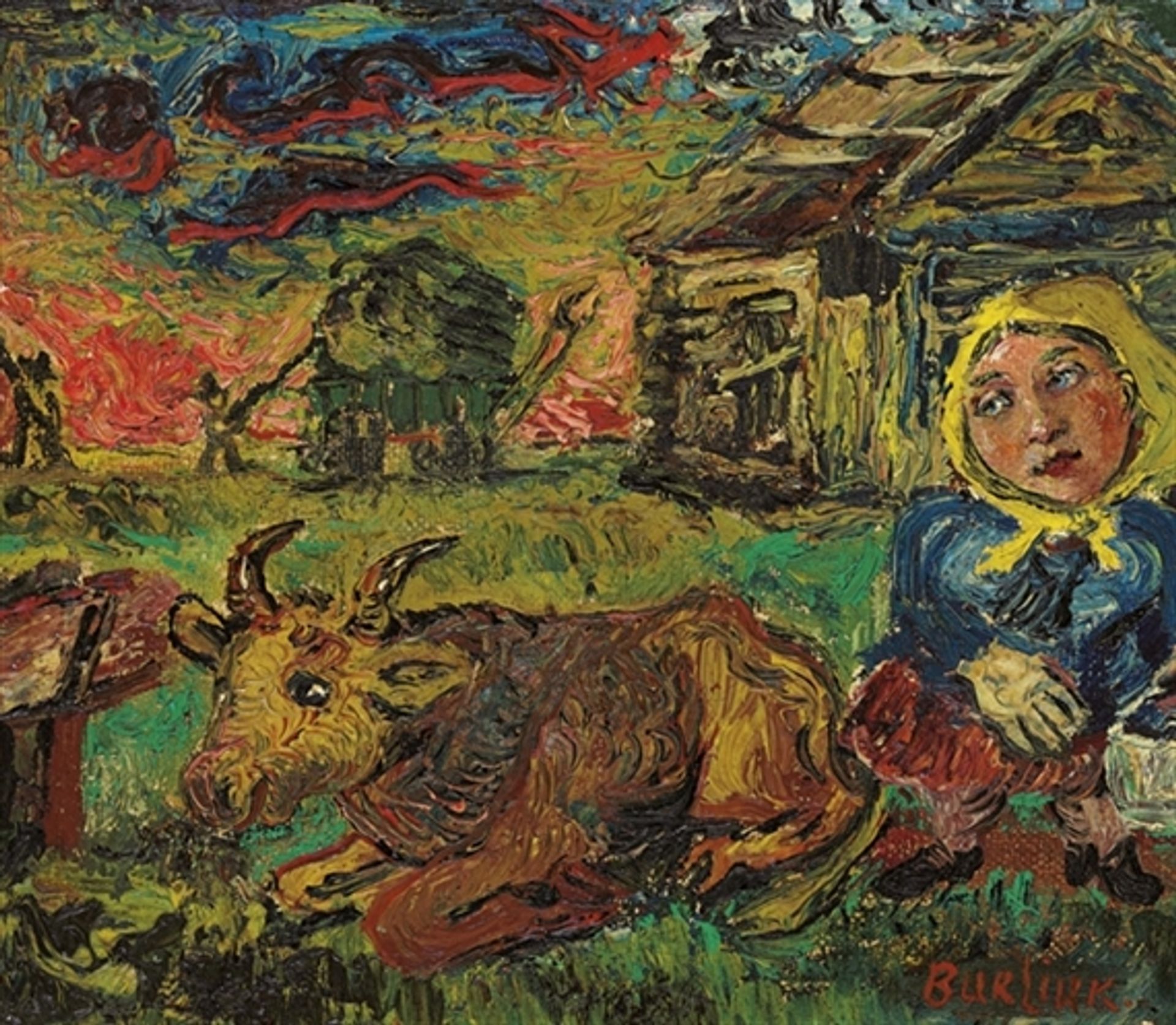 Woman with yellow scarf and cow by David Burliuk