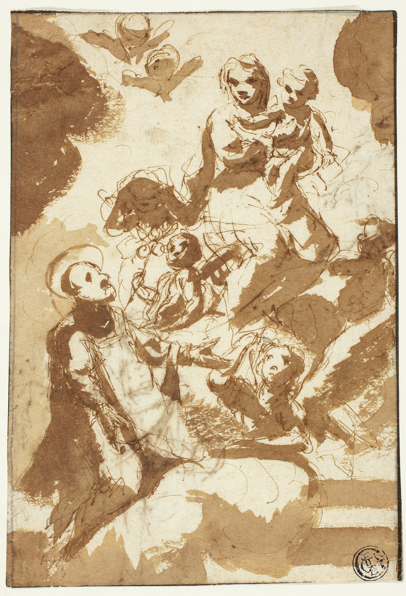 Virgin and Child on Clouds with Kneeling Male Saint (recto); Sketch of Two Female Figures (verso) by Anonymous
