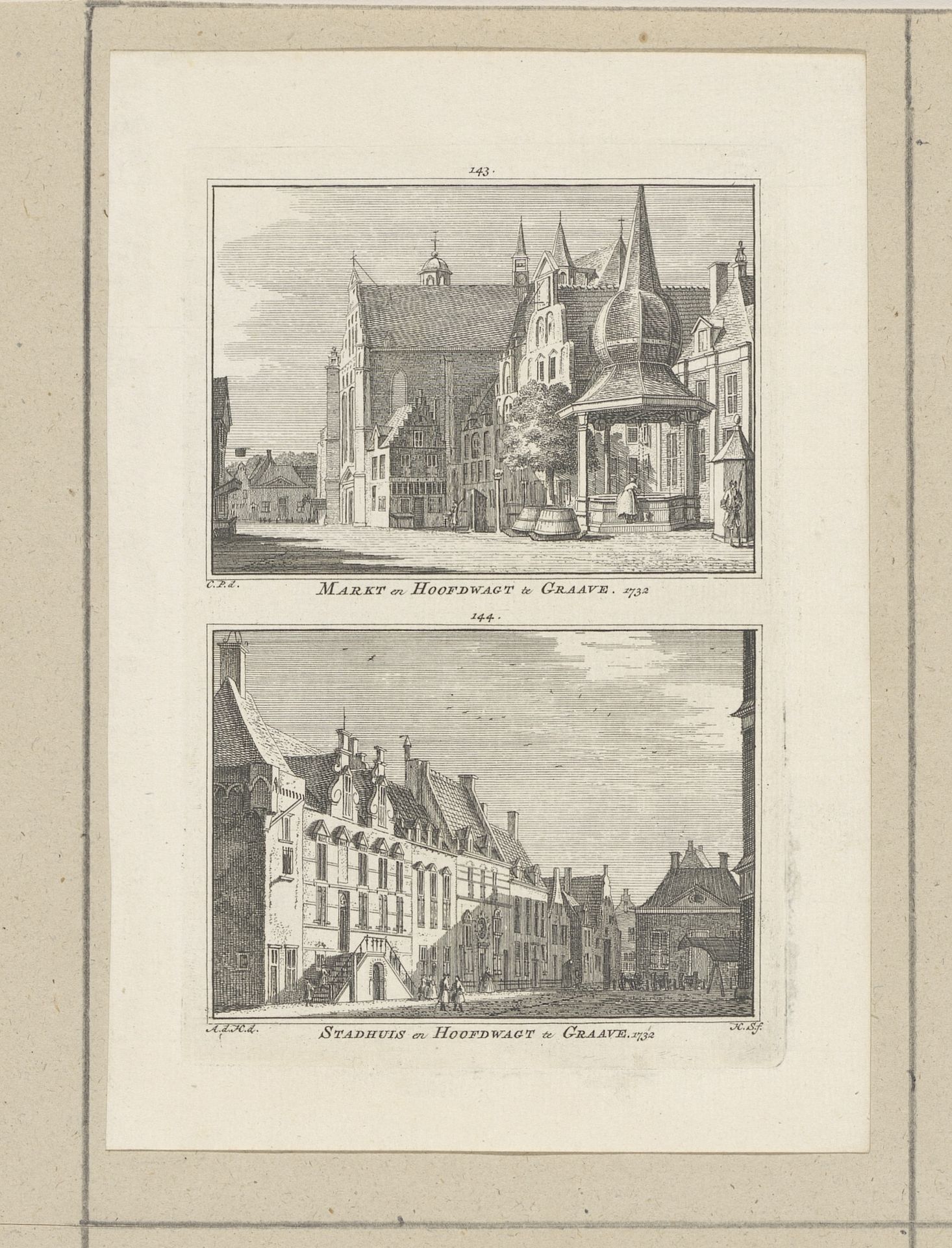Gezicht op de markt en de Hoofdwacht en gezicht op het stadhuis en de Hoofdwacht te Grave, 1732 by Hendrik Spilman