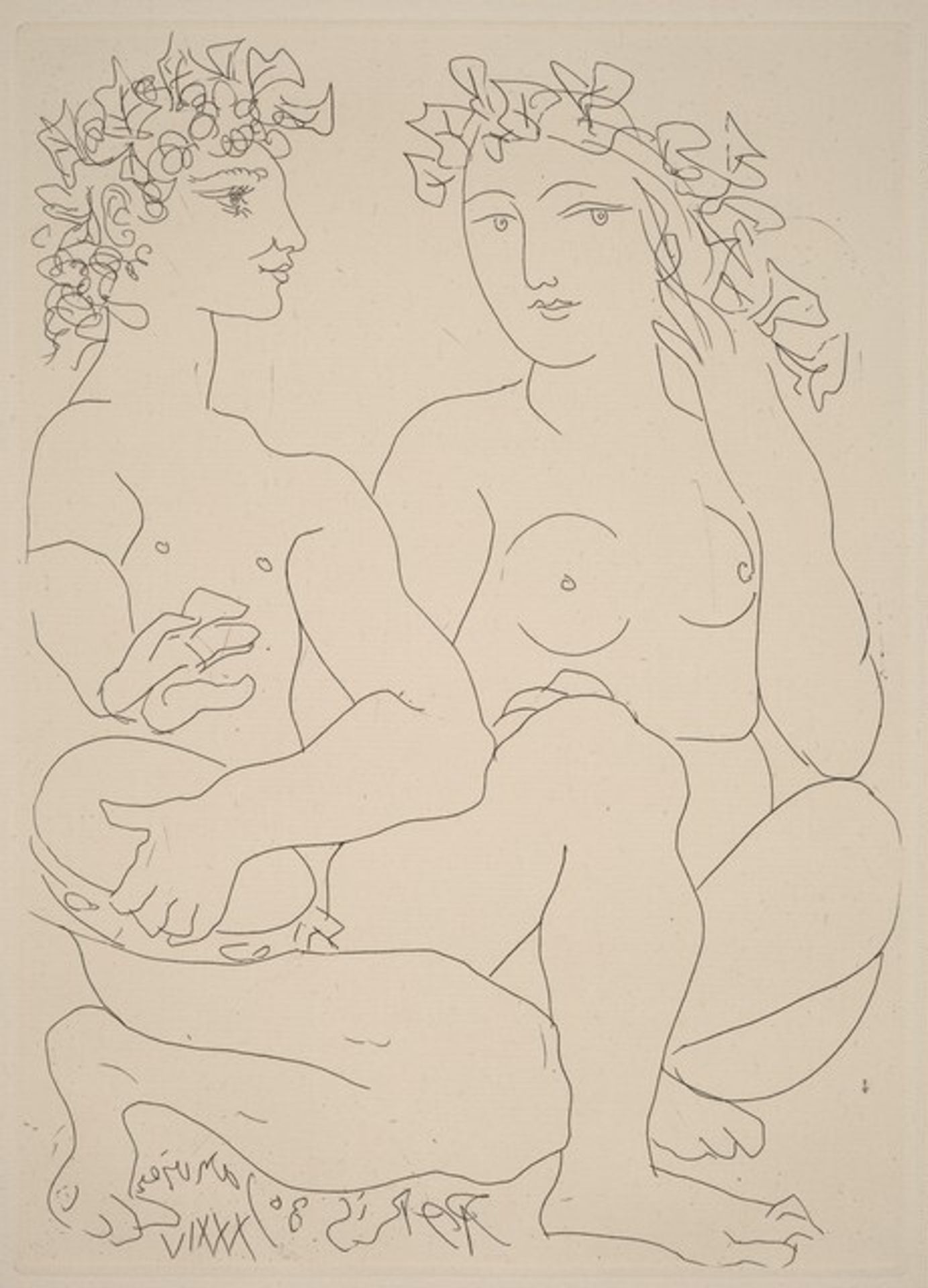 Young Bacchus with a Tambourine, with a Bacchante (Jeune Bacchus au tambourin, avec un Bacchante) by Pablo Picasso