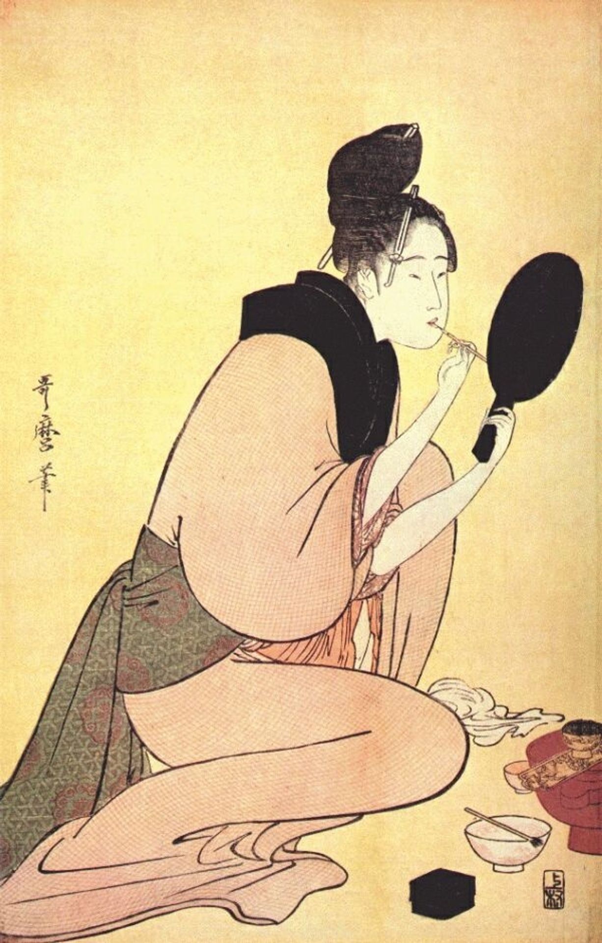 Courtesan applying lip rouge by Kitagawa Utamaro