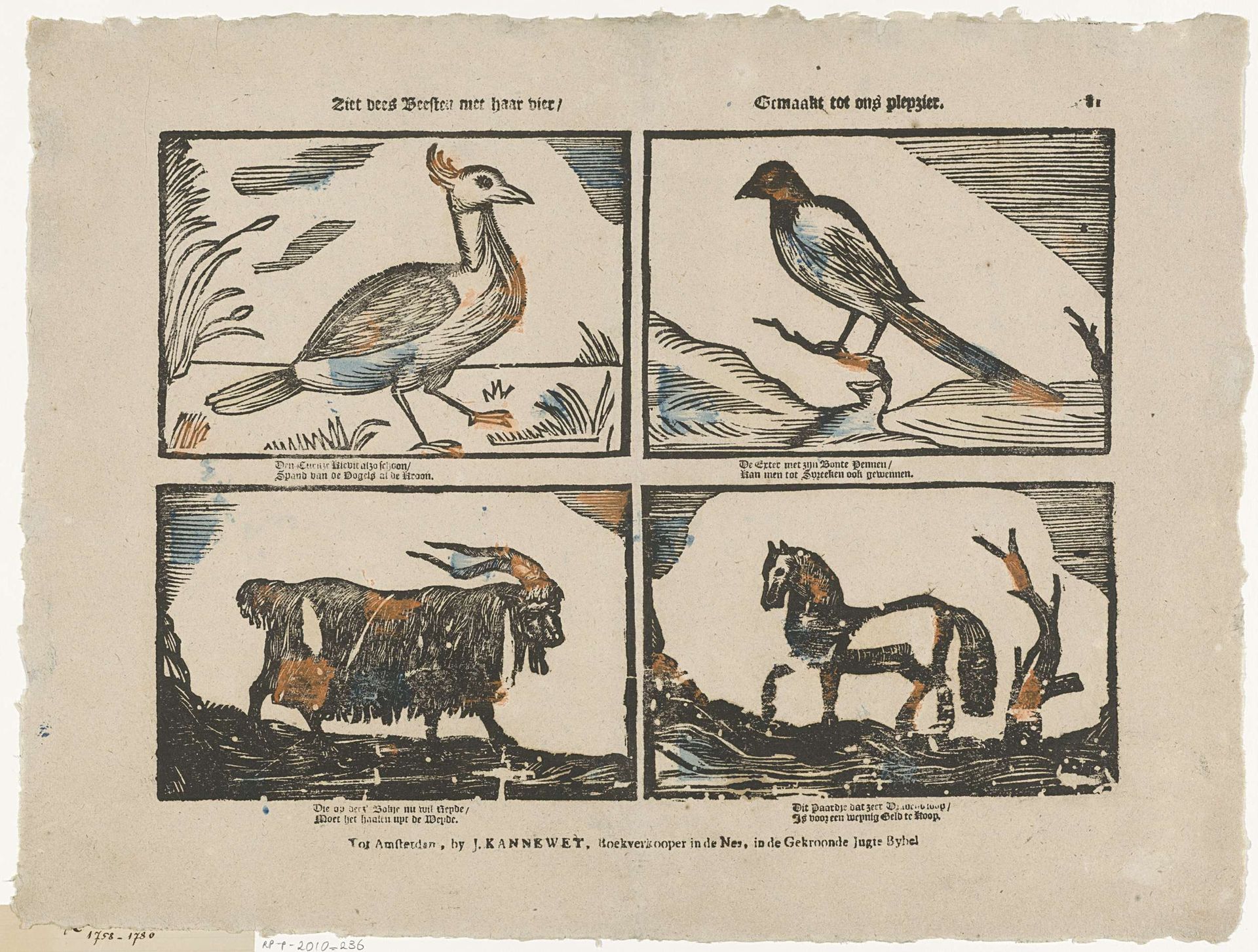 Ziet dees beesten mee haar vier / Gemaakt tot ons pleyzier by Johannes (II) Kannewet