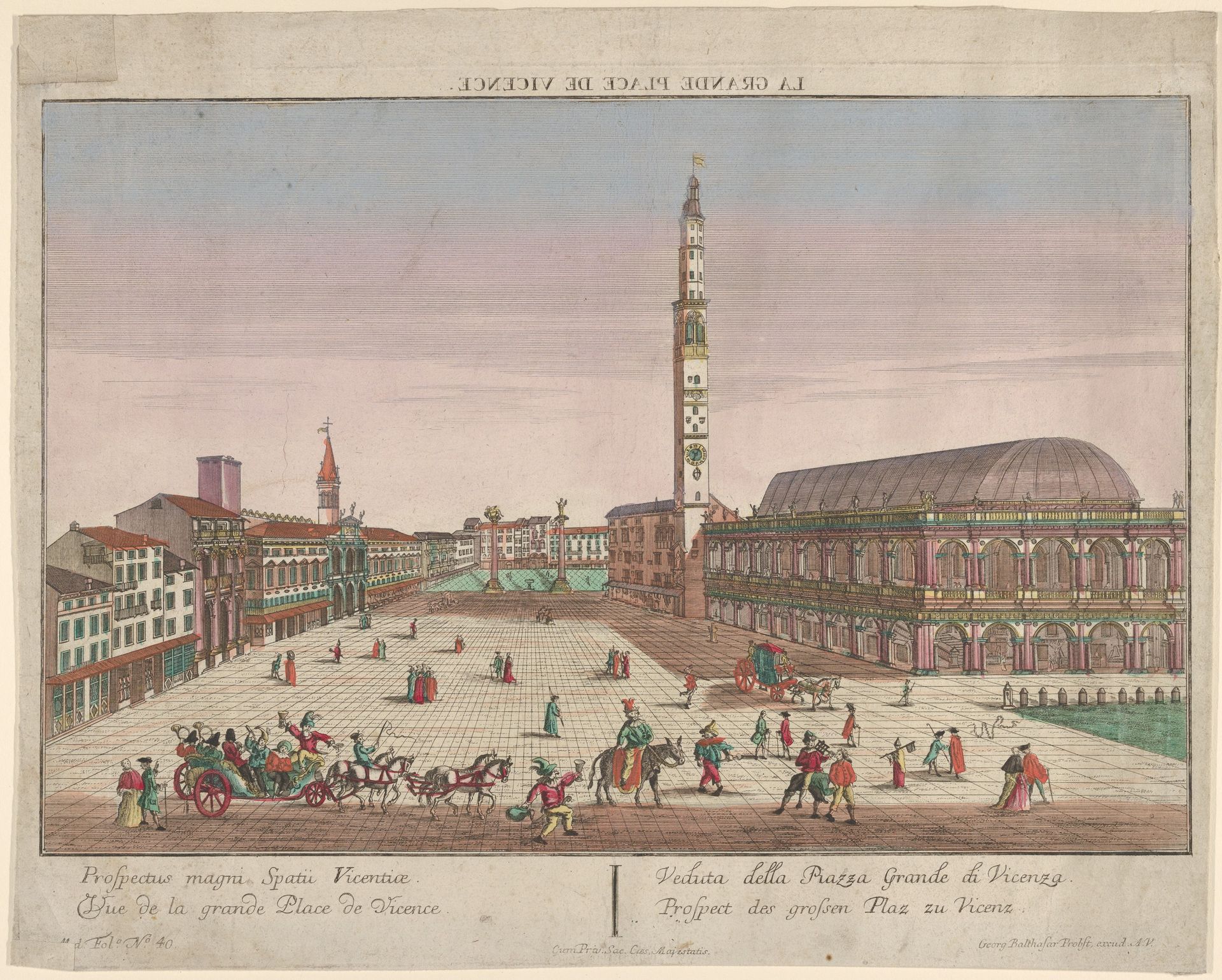 View of the Piazza dei Signori of Vicenza with horse-drawn carriages and figures walking in the square by Georg Balthasar Probst