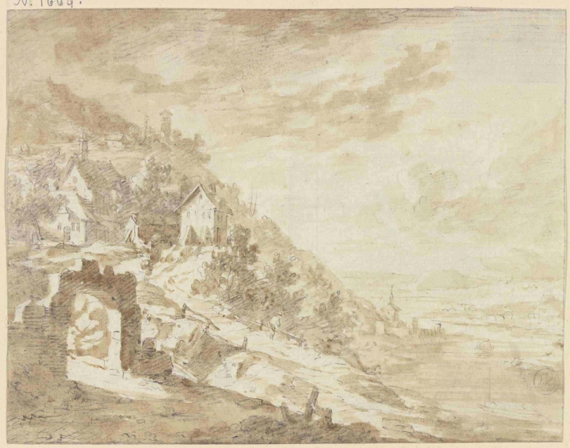 Berghang an einem Fluss mit den Häusern eines Dorfes, im Vordergrund ein Steintor by Franz Schütz