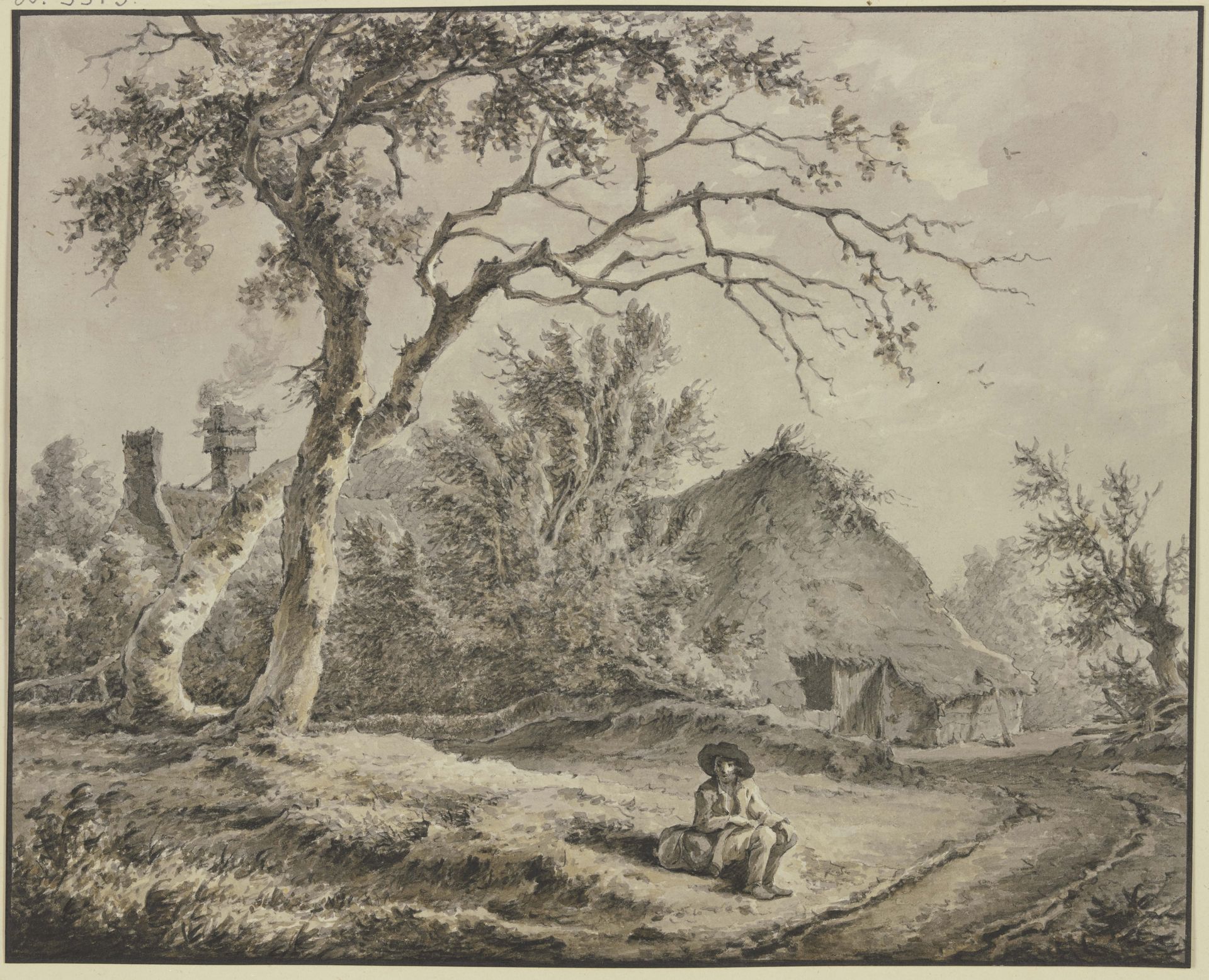 Eichen und Hütten, vorn am Weg sitzt ein ein Wanderer mit einem Bündel by Jan Hulswit