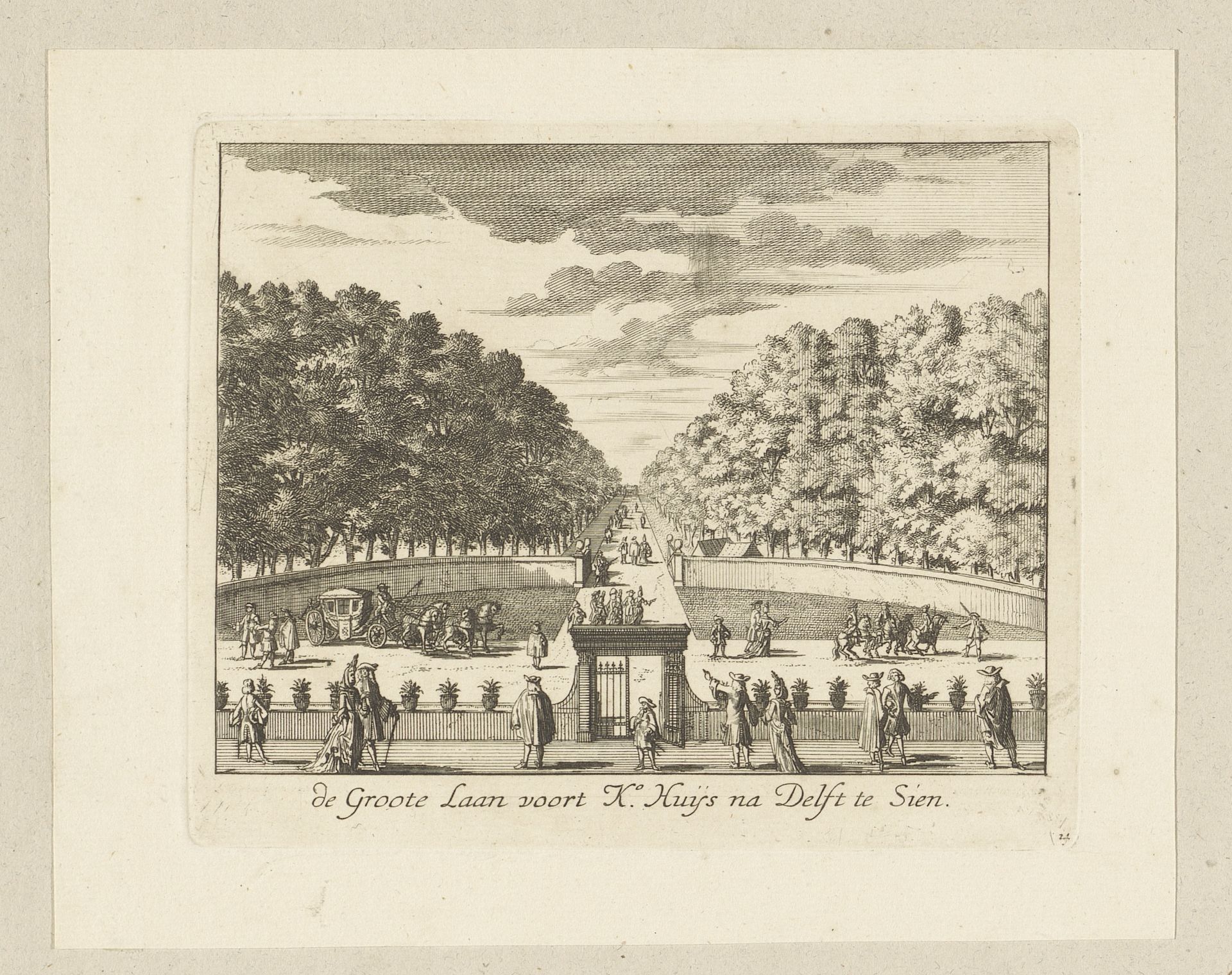 Laan met rijtuigen en wandelaars op Honselaarsdijk by Cornelis (II) Danckerts