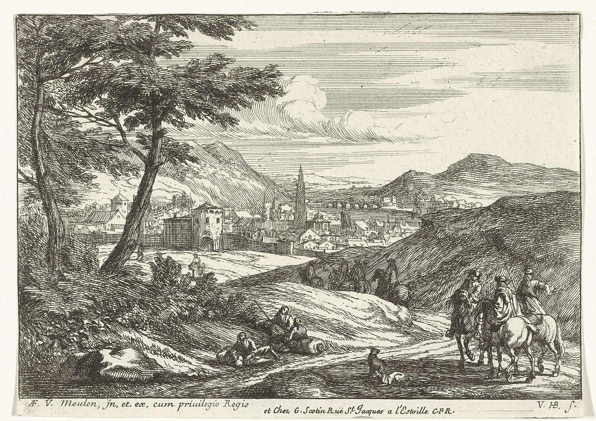 Landschap met figuren en stad by Jan van Huchtenburg