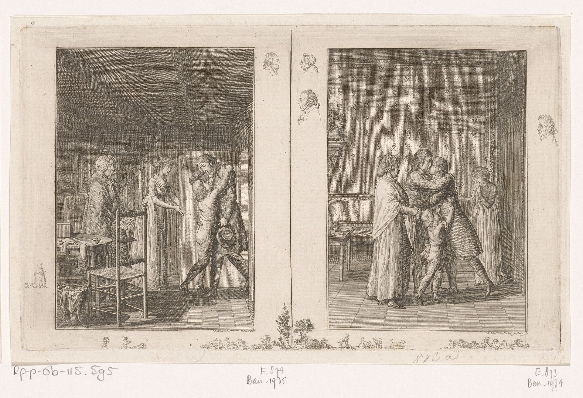 Twee voorstellingen uit Familie Hellmuth van Hiemer by Daniel Nikolaus Chodowiecki