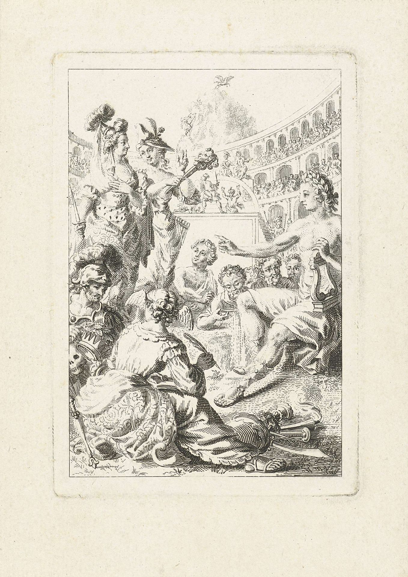 Allegorie met Apollo, muzen en kunstenaars in amfitheater by Abraham Delfos