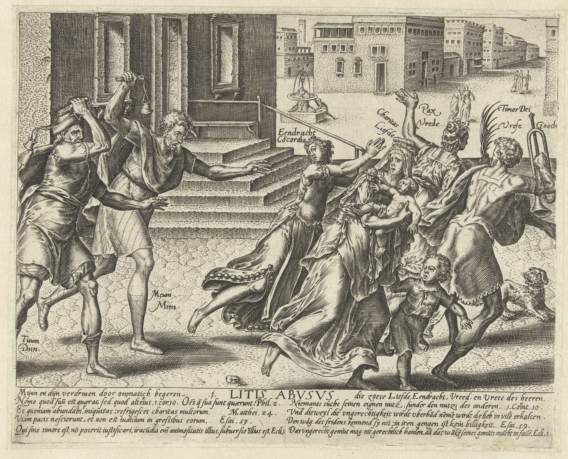 Mijn en dijn verjagen Eendracht, Liefde, Vrede en Vreze Gods by Hendrick Goltzius