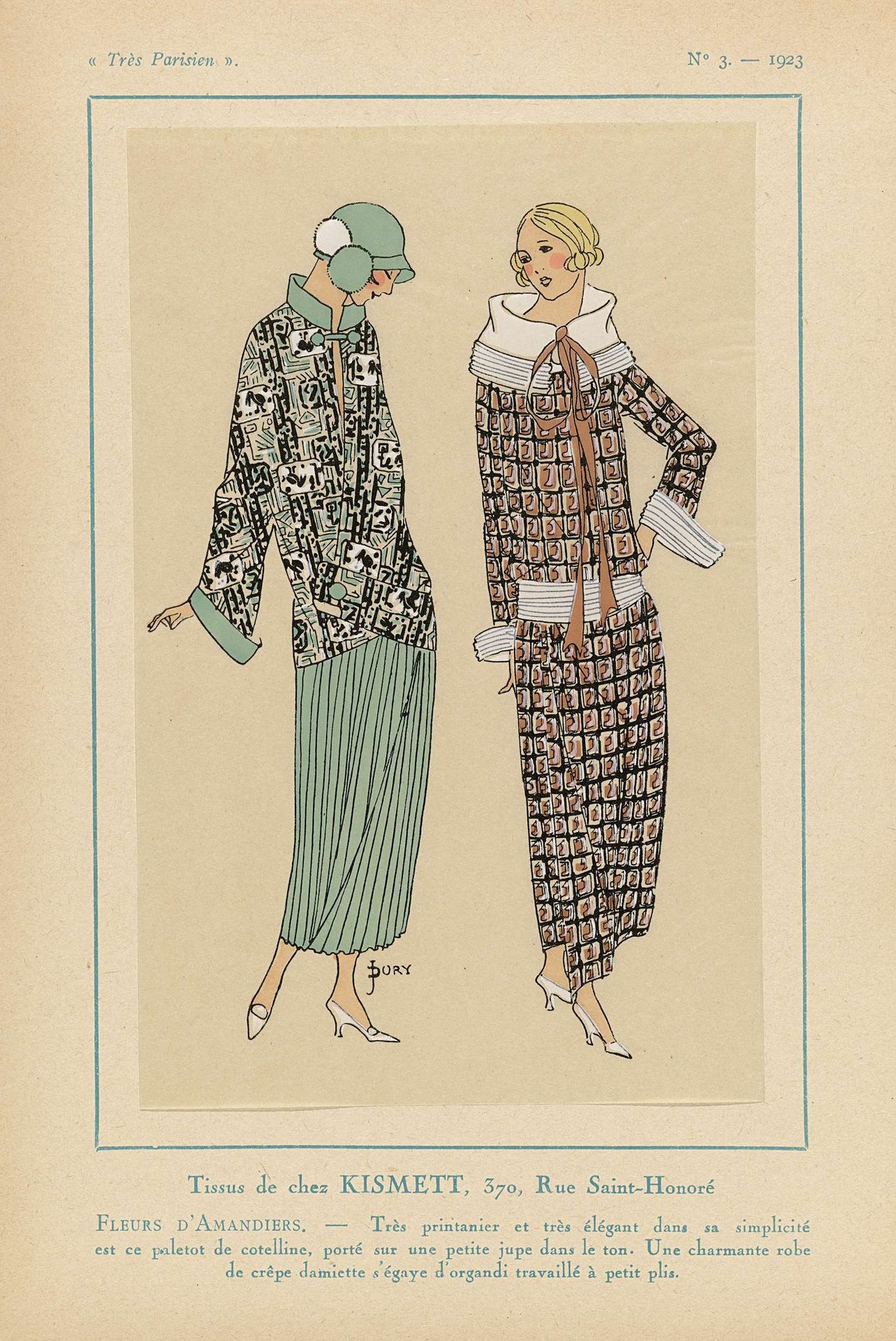 Très Parisien, 1923, No. 3: Tissus de chez KISMETT... Fleurs d'Amandiers by J. Dory