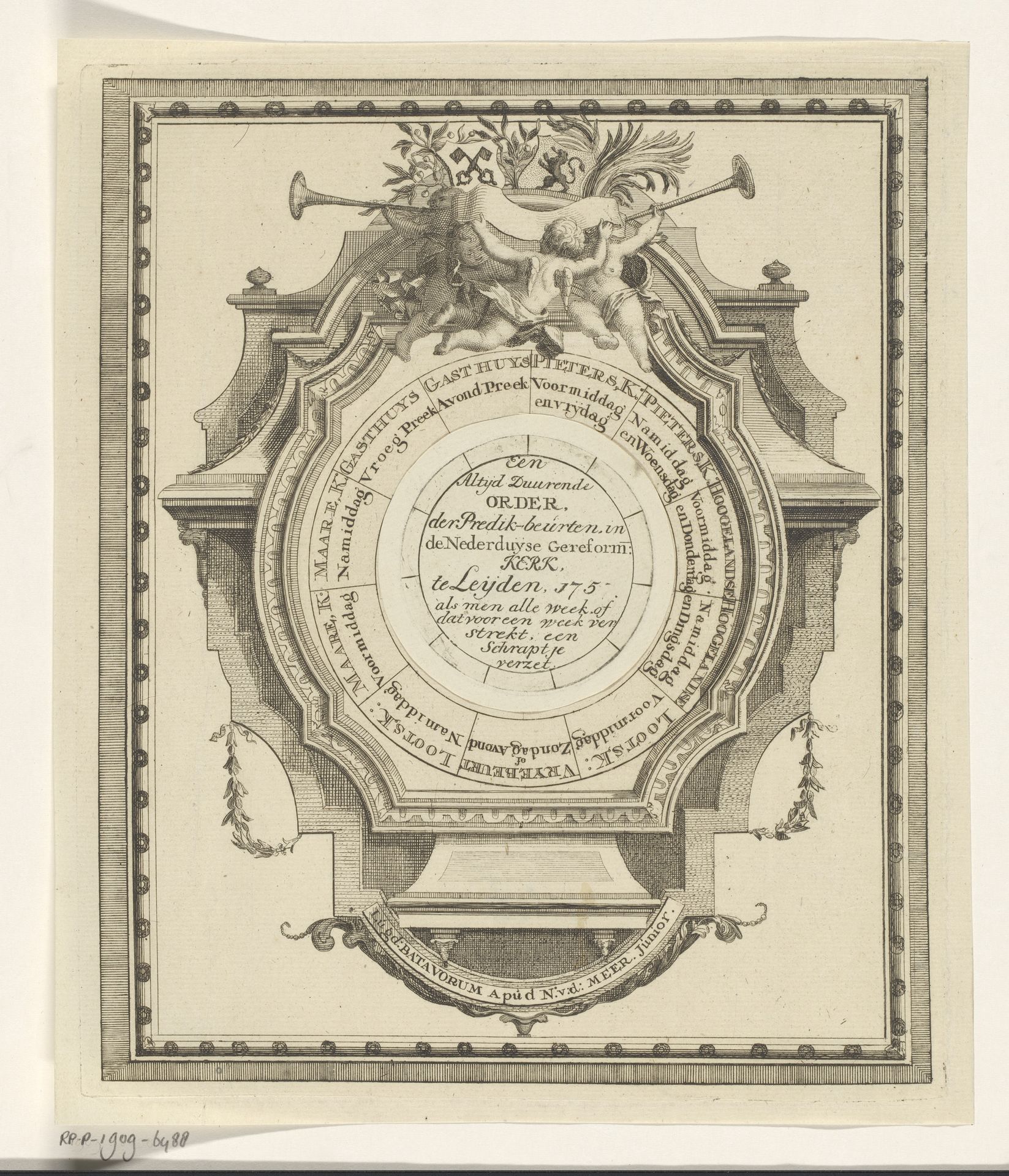 Ornamentele preekwijzer voor kerkbezoek in Leiden by Noach van der (II) Meer