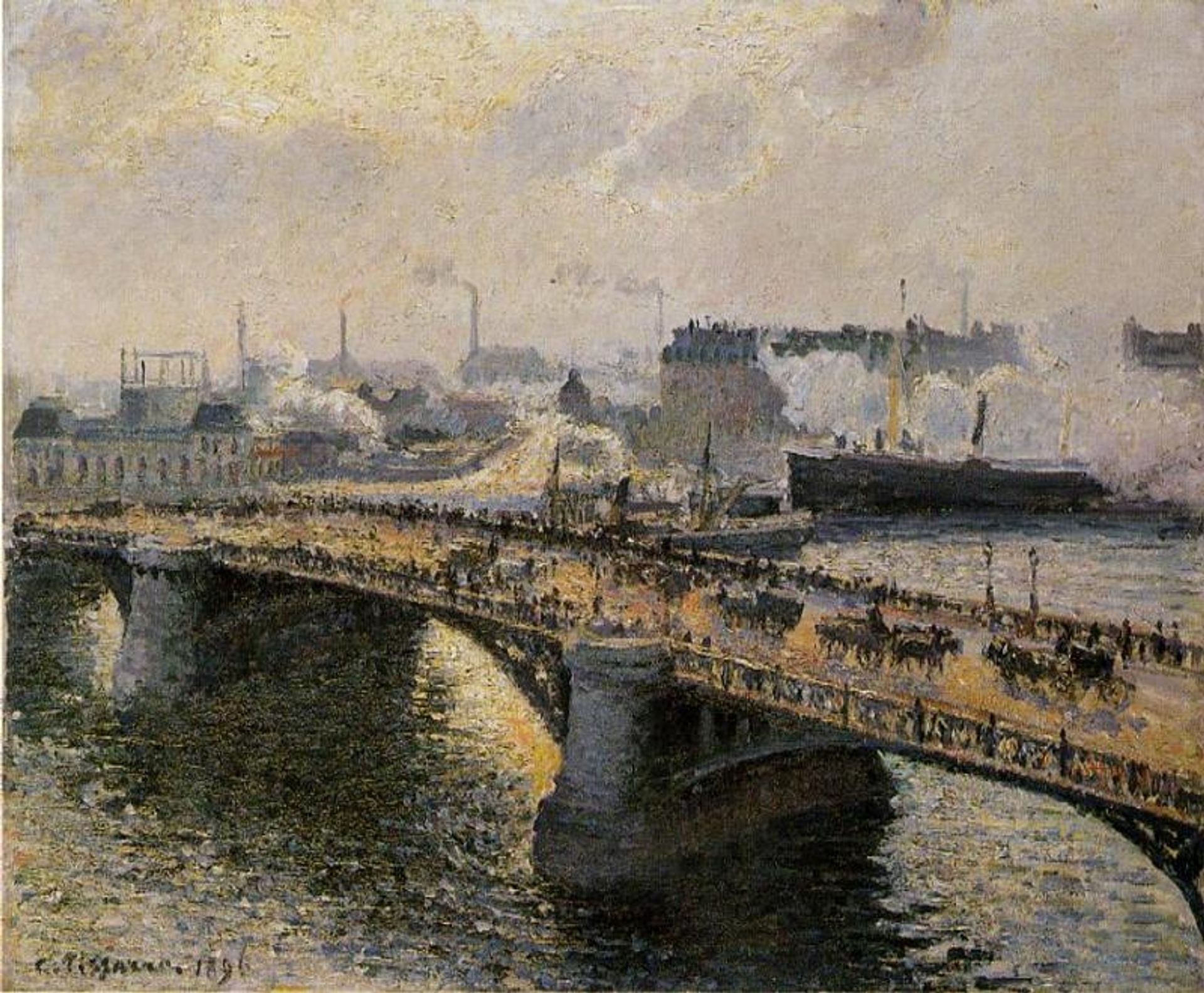 The Pont Boieldieu, Rouen, Sunset, Misty Weather by Camille Pissarro