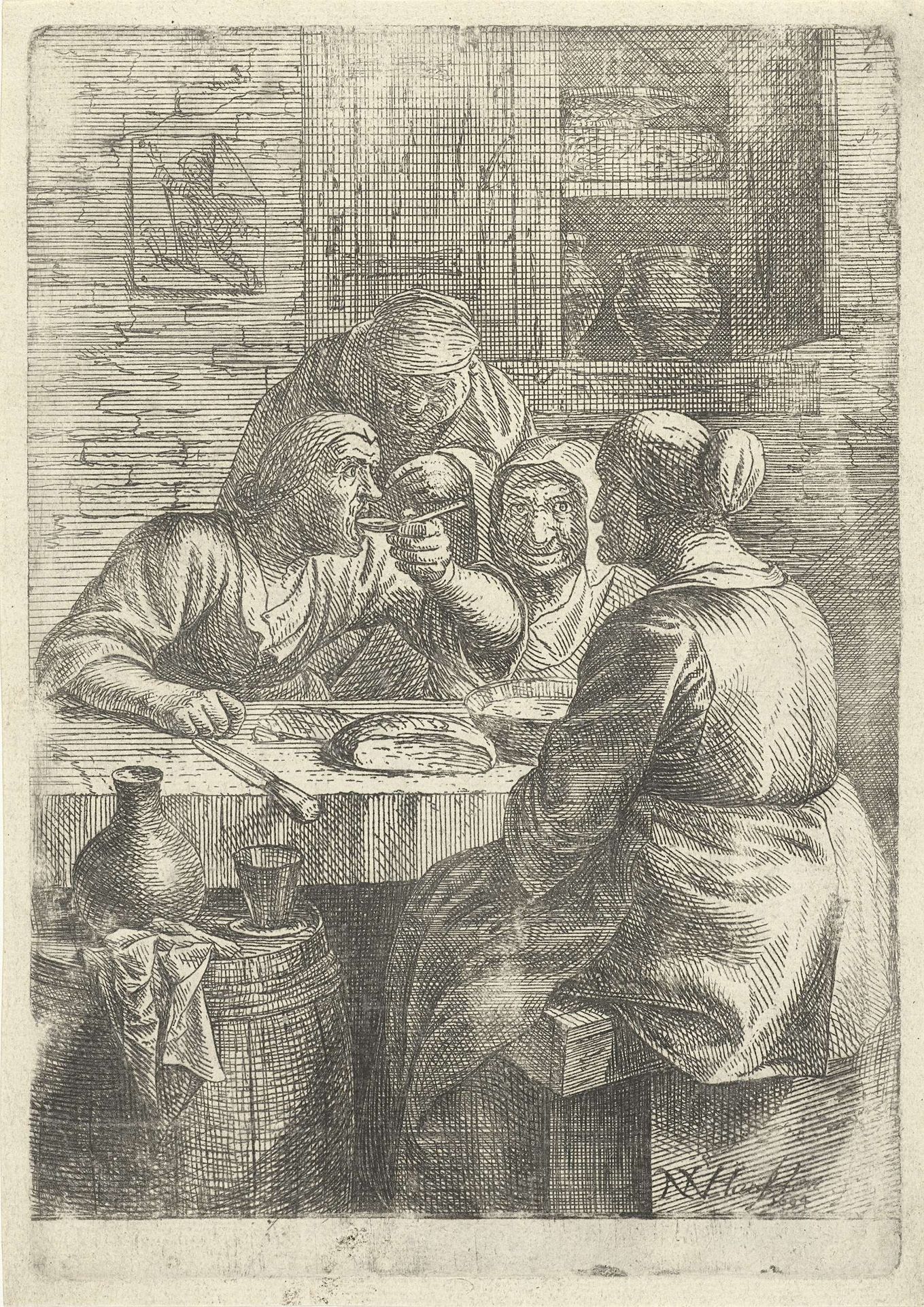 Drie etende oude vrouwen aan een tafel by Nicolaes van Haeften