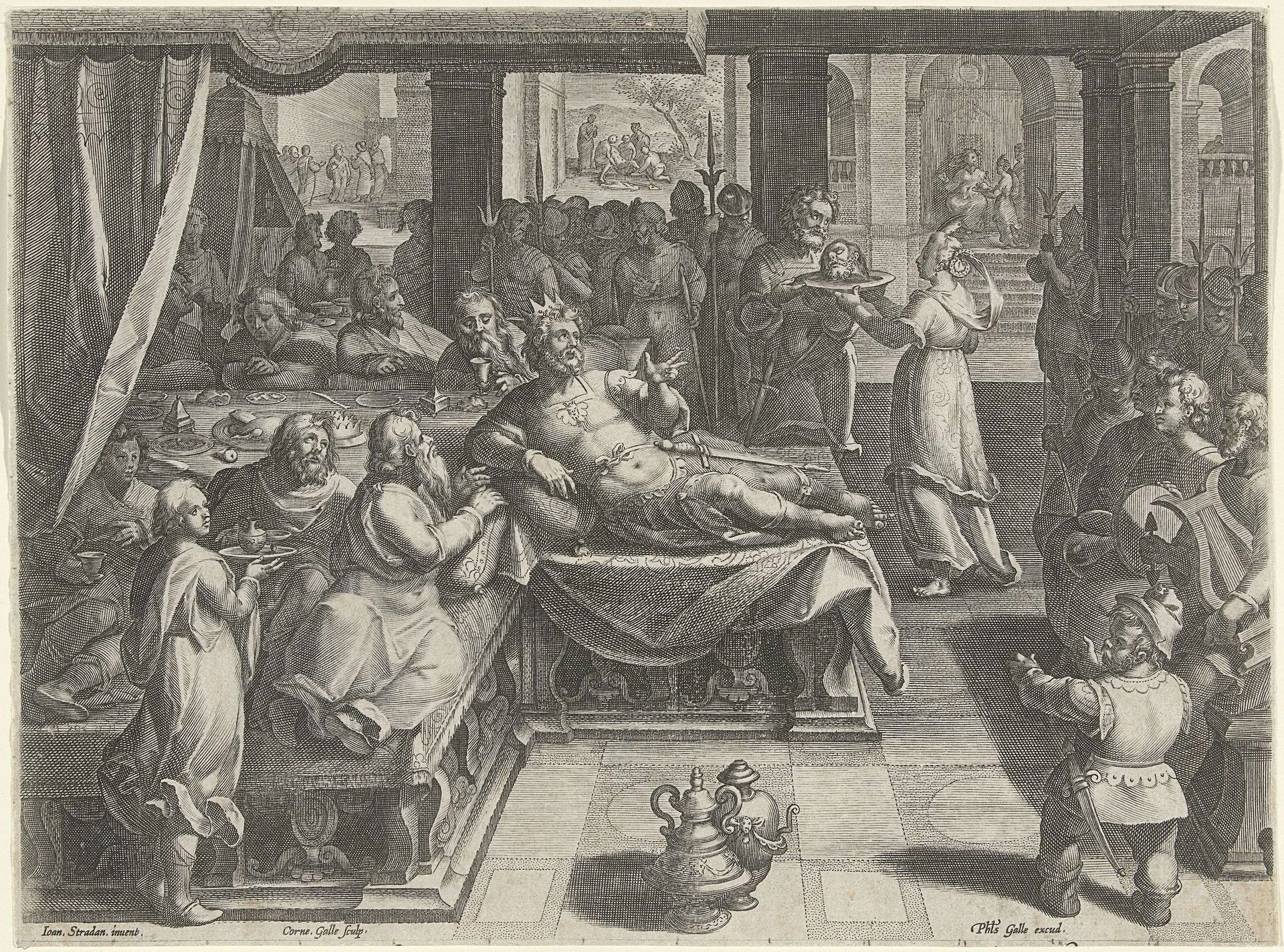 Het hoofd van Johannes de Doper wordt naar Herodes gebracht by Cornelis Galle I