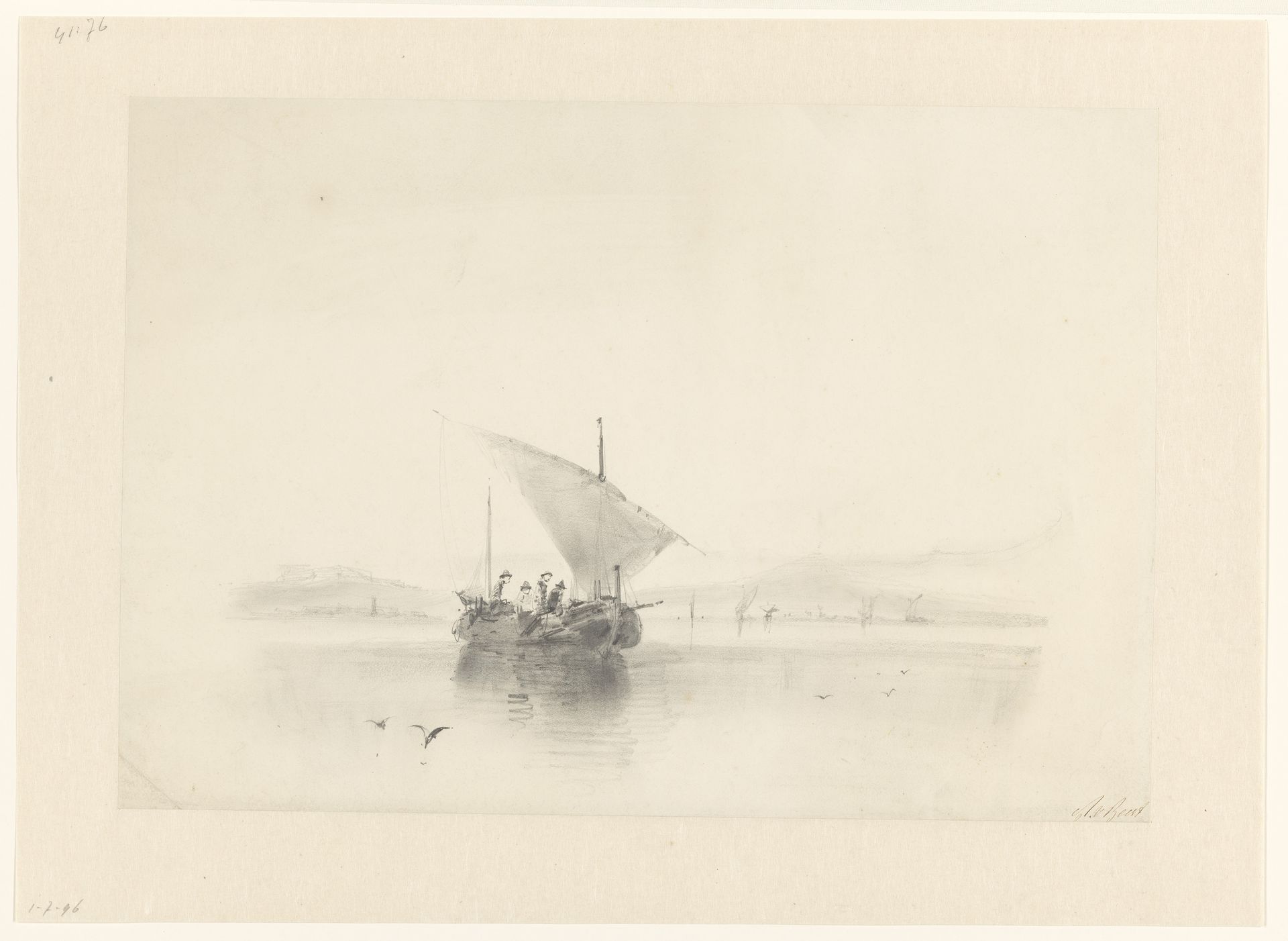 Vissersbootje voor de kust op kalme zee by Albertus van Beest