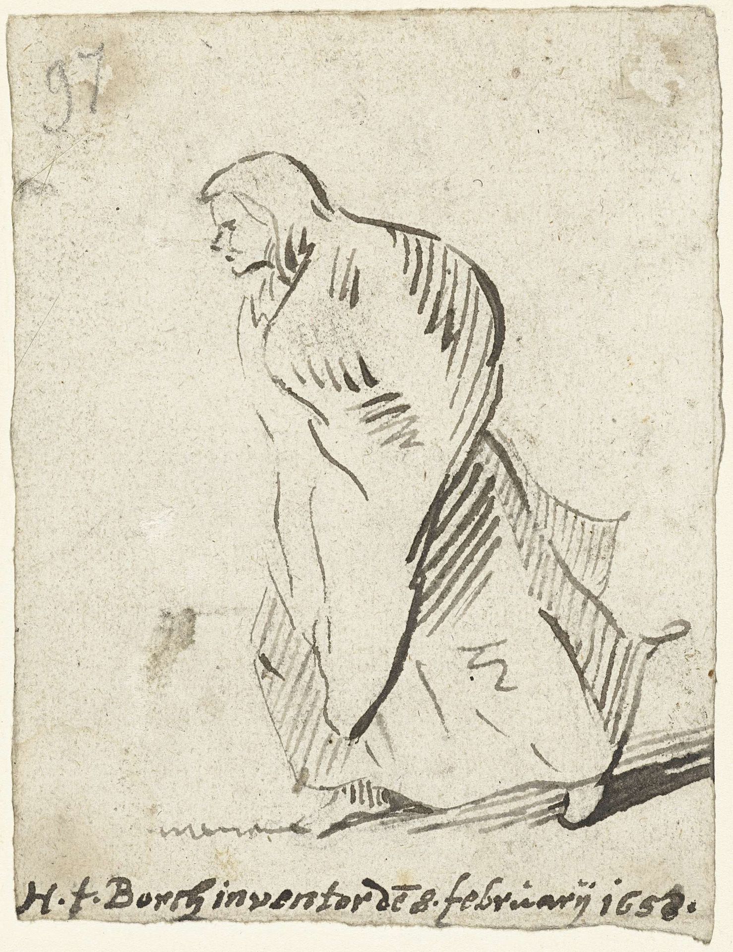 Vrouw in mantel gehuld, naar links by Harmen ter Borch