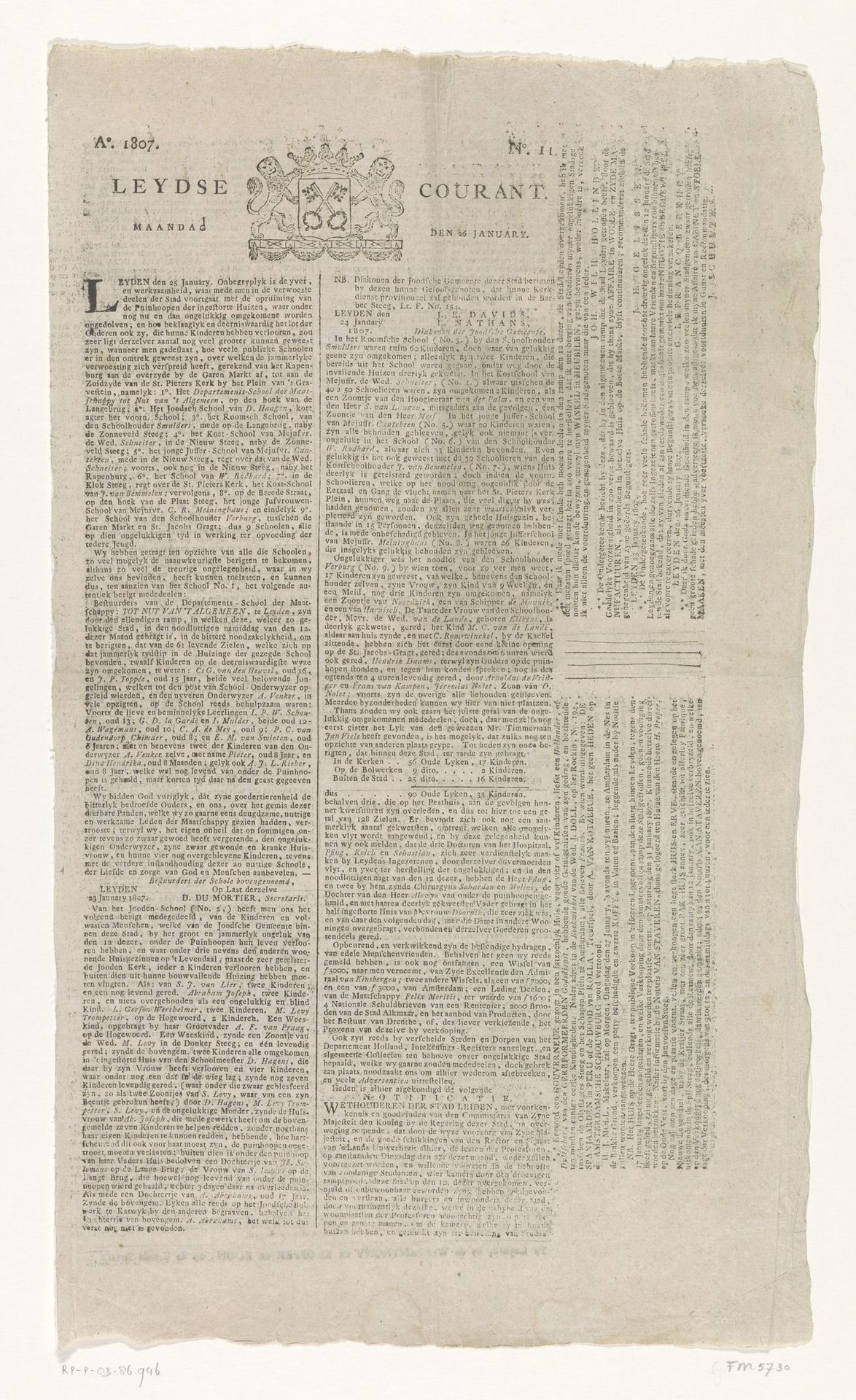 Leydse Courant van 26 januari 1807 by weduwe Anthony de Klopper en Zoon