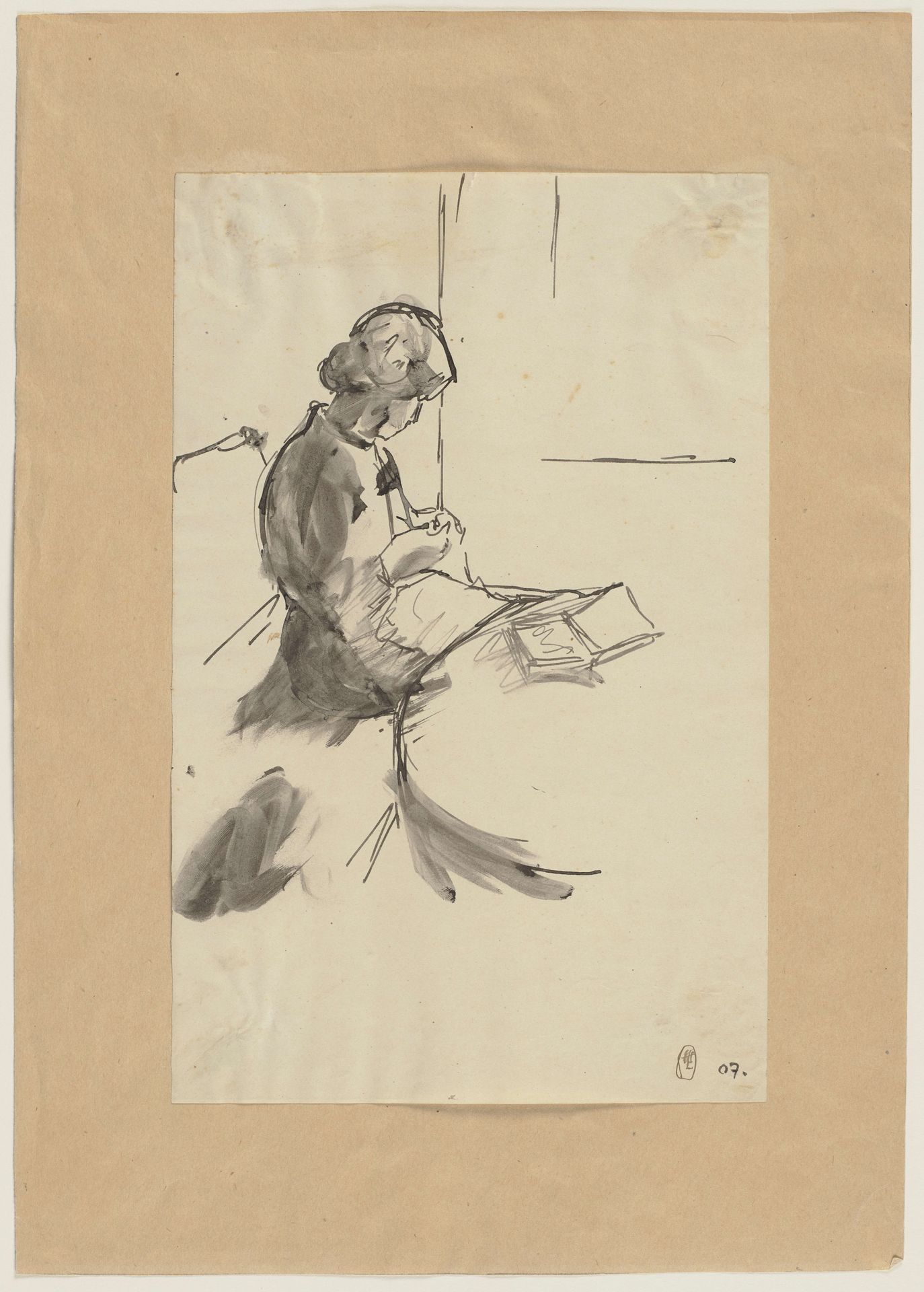 Strickende Frau, auf dem Tisch ein Buch liegend by Hermann Lismann
