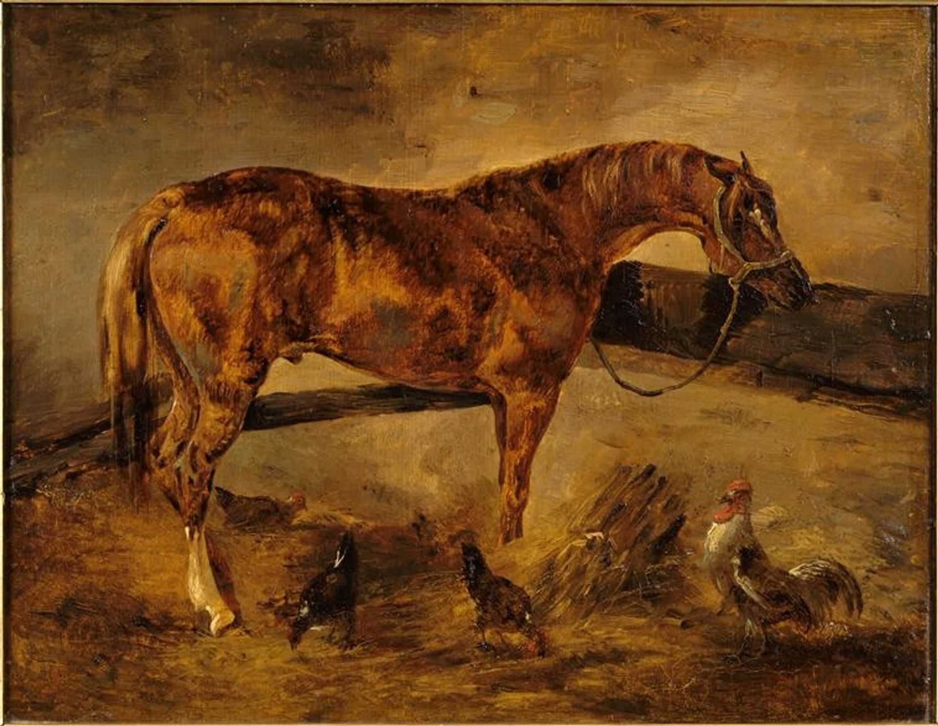 Study for Horse turned right with three hens and a rooster by Théodore Géricault