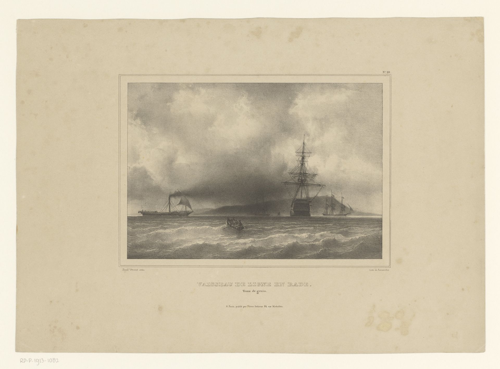 Linieschip en andere schepen op zee by Ferdinand Victor Perrot