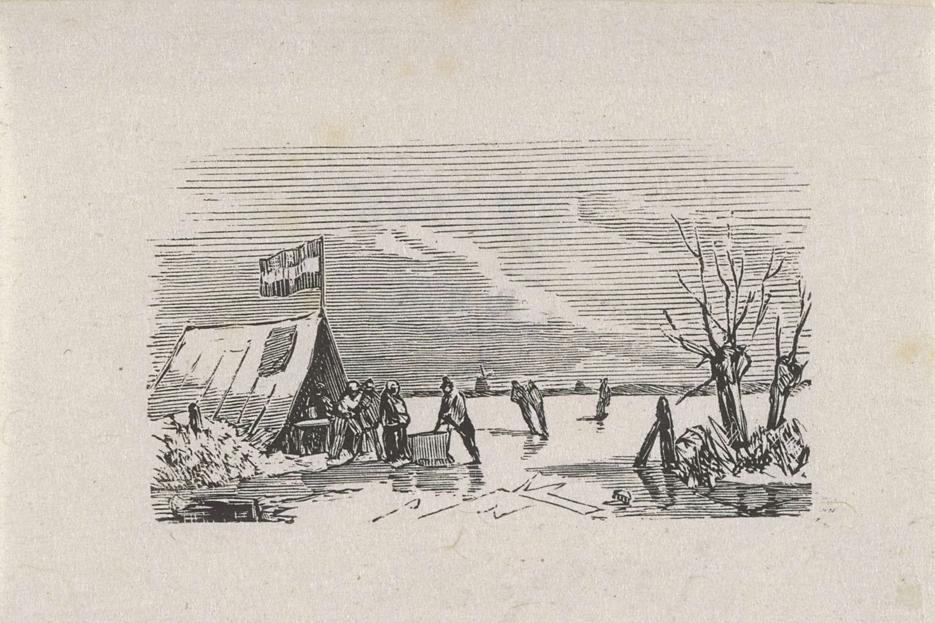 Schaatsers rustend bij een tent op het ijs by Isaac Weissenbruch