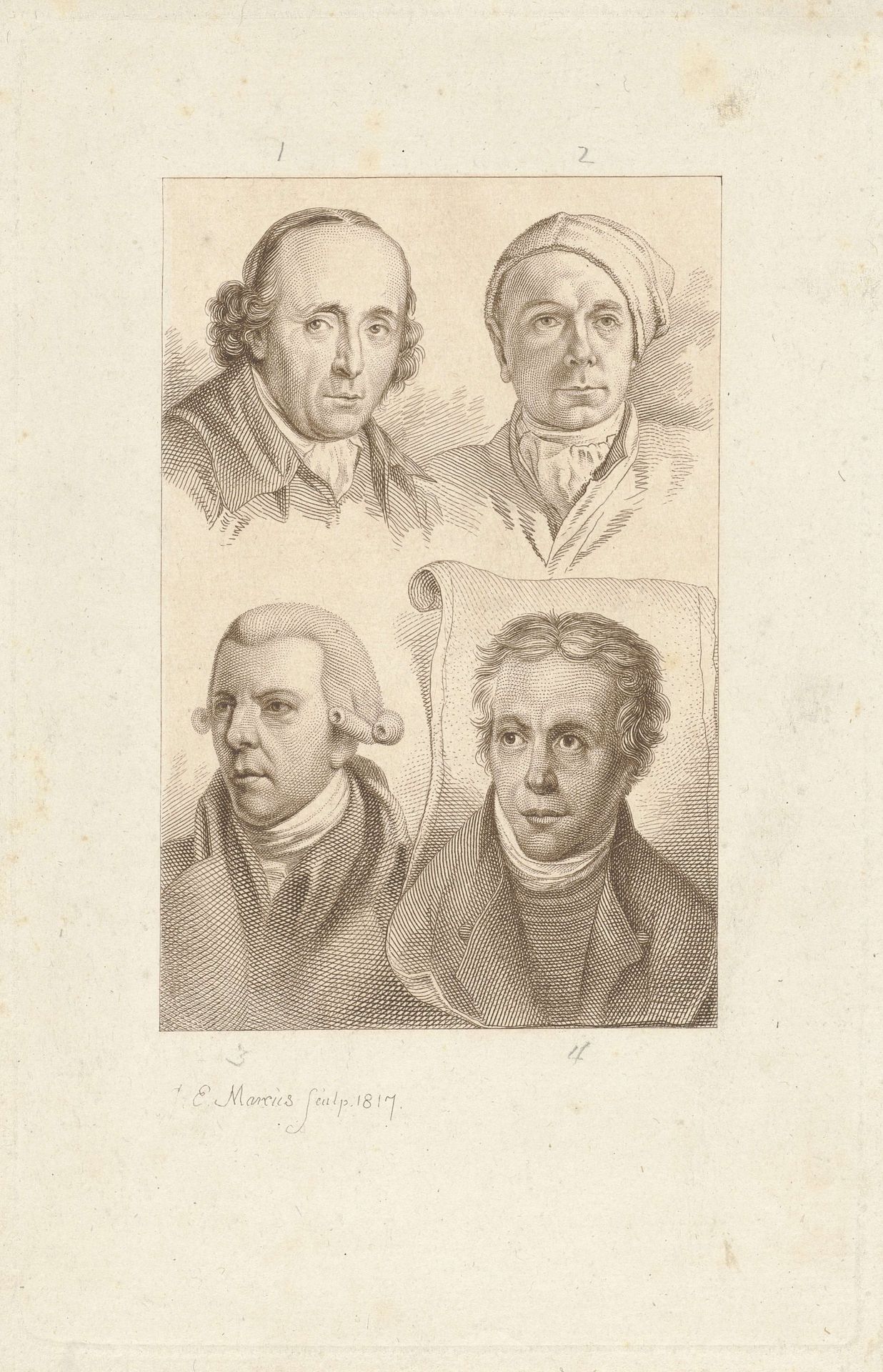 Portretten van Gerard van Nijmegen, Jacob Cats, Reinier Vinkeles en Dirk Langendijk by Jacob Ernst Marcus