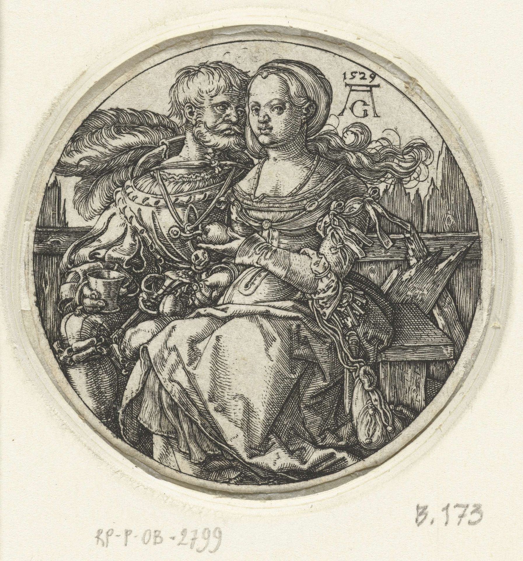 Liefdespaar gezeten op een bank by Heinrich Aldegrever
