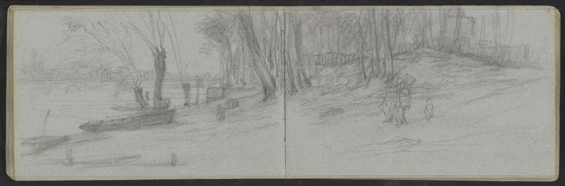 Landschap met figuren en bomen bij een waterkant by Matthijs Maris