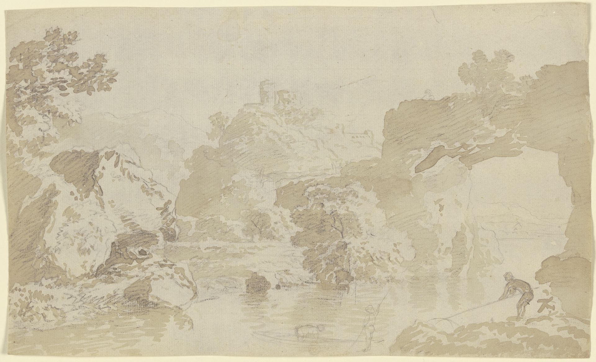 Flusslandschaft mit Felsentor, Anglern einer Burg im Mittelgrund by Franz Kobell