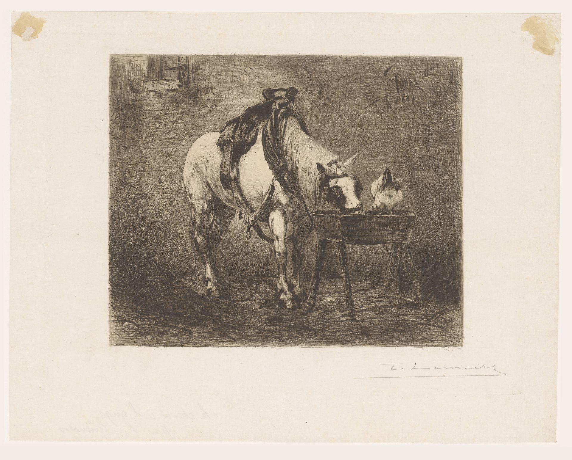 Paard en een kip bij een voerbak by Frans Lauwers