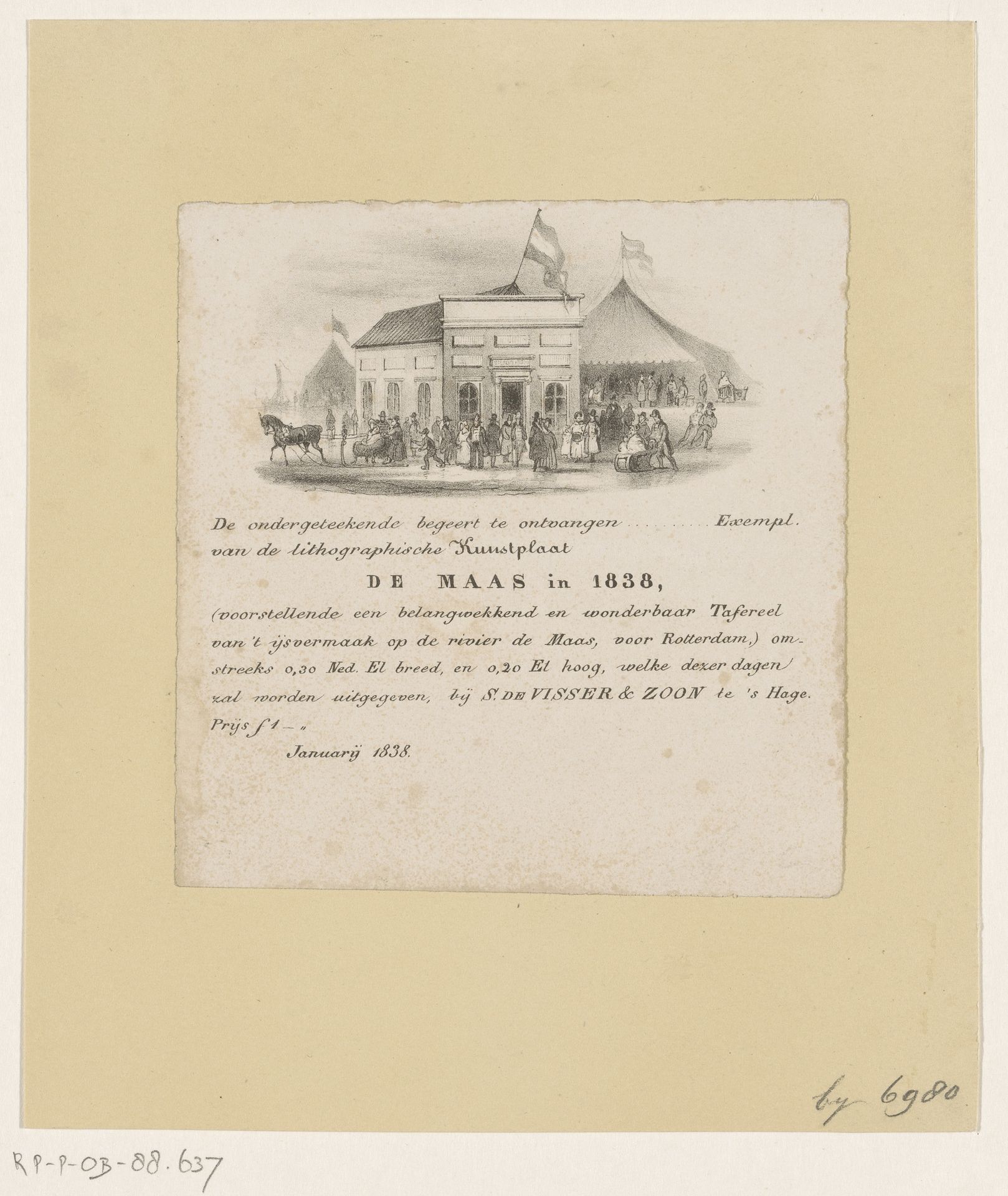 Bericht van intekening voor de prent: De Maas voor Rotterdam in 1838 by Salomon de Visser