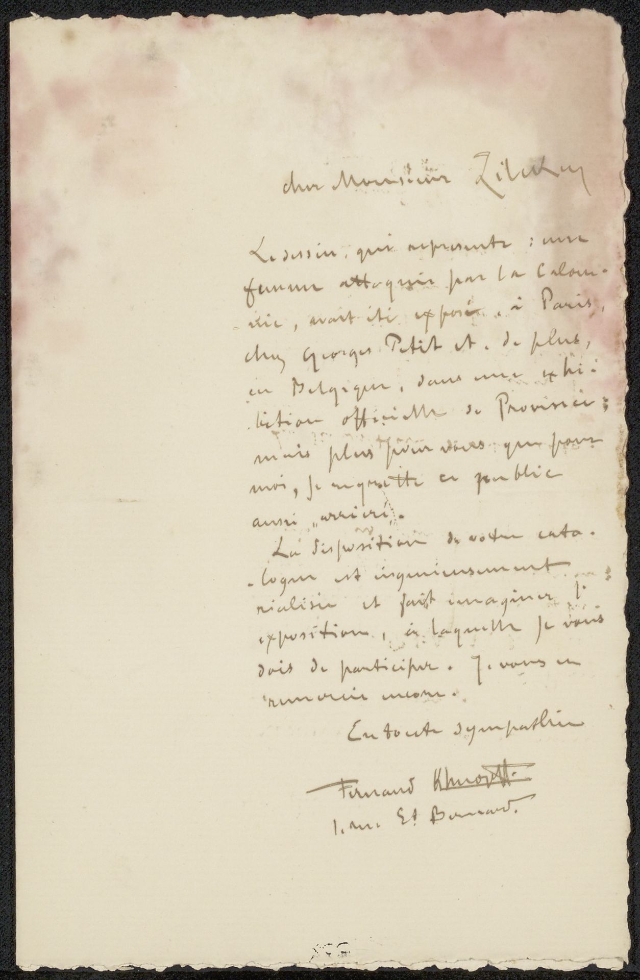 Brief aan Philip Zilcken by Fernand Khnopff