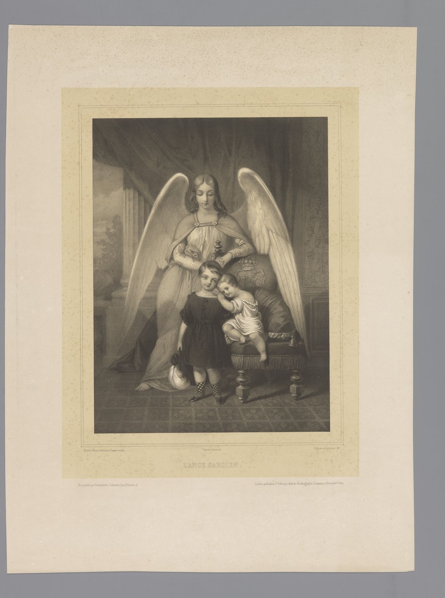 Beschermengel staat achter twee jonge kinderen by Claude Régnier