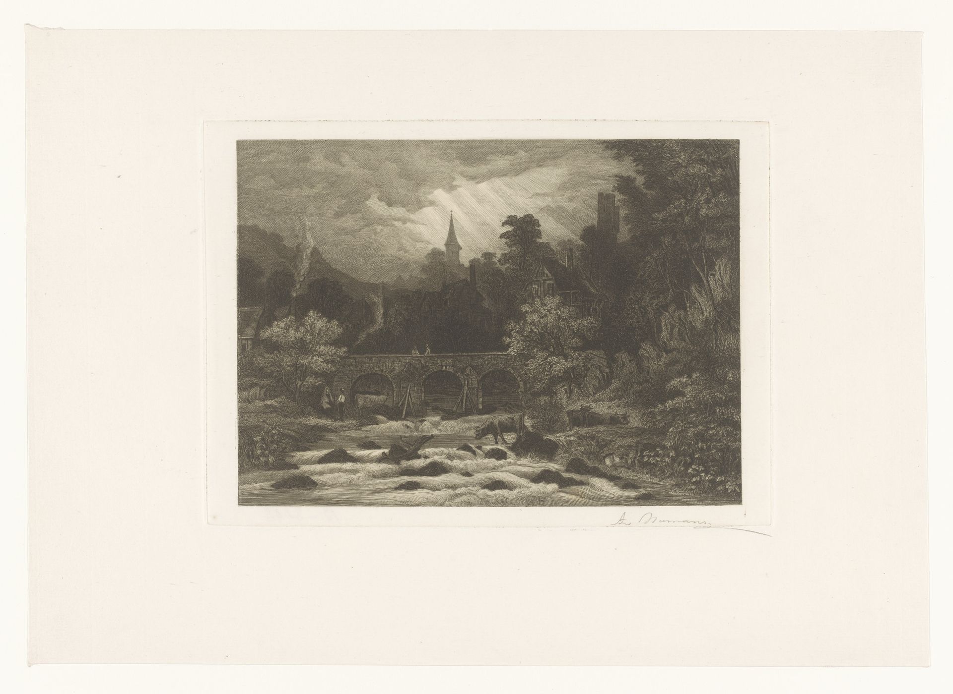 Landschap met dorp in een bergdal langs een rivier met brug by Auguste Numans