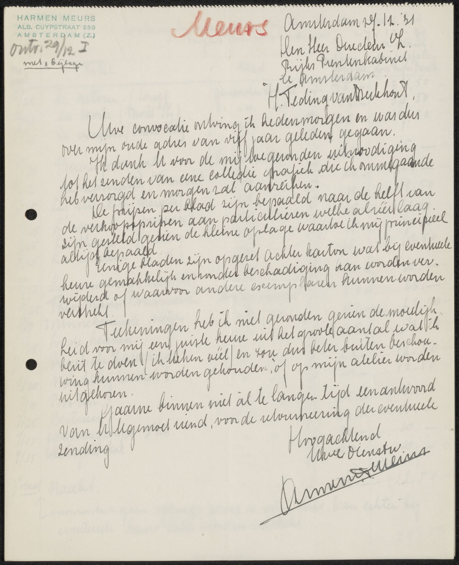 Brief aan jonkheer Hendrik Teding van Berkhout (1879-1969) by Harmen Meurs