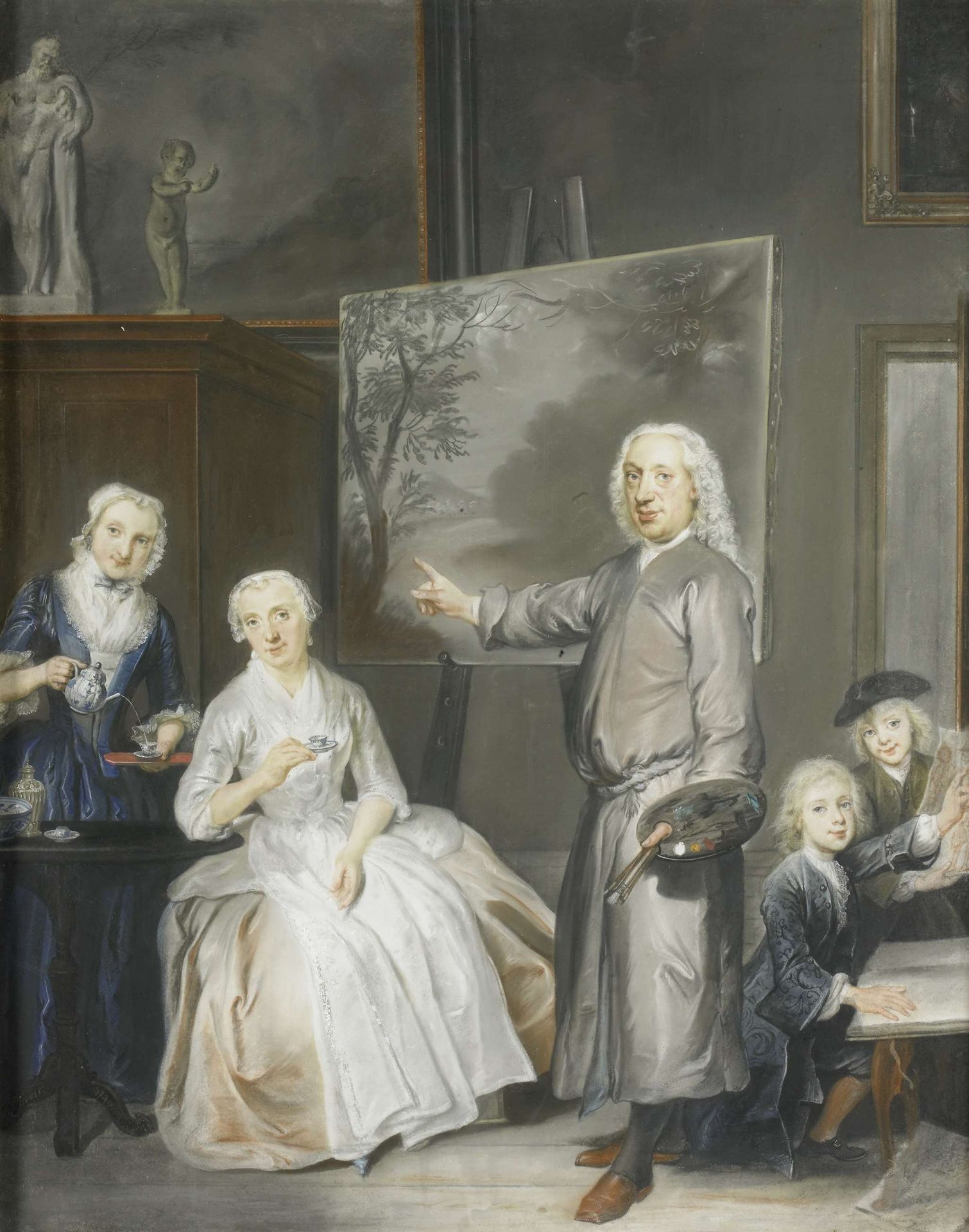 De landschapschilder Dirk Dalens III (1688-1753) met zijn tweede echtgenote Maria Schaack (gest. 1766) en de kinderen Anna (geb 1725), Willem (1737-60) en Jacobus (1741-63) by Cornelis Troost
