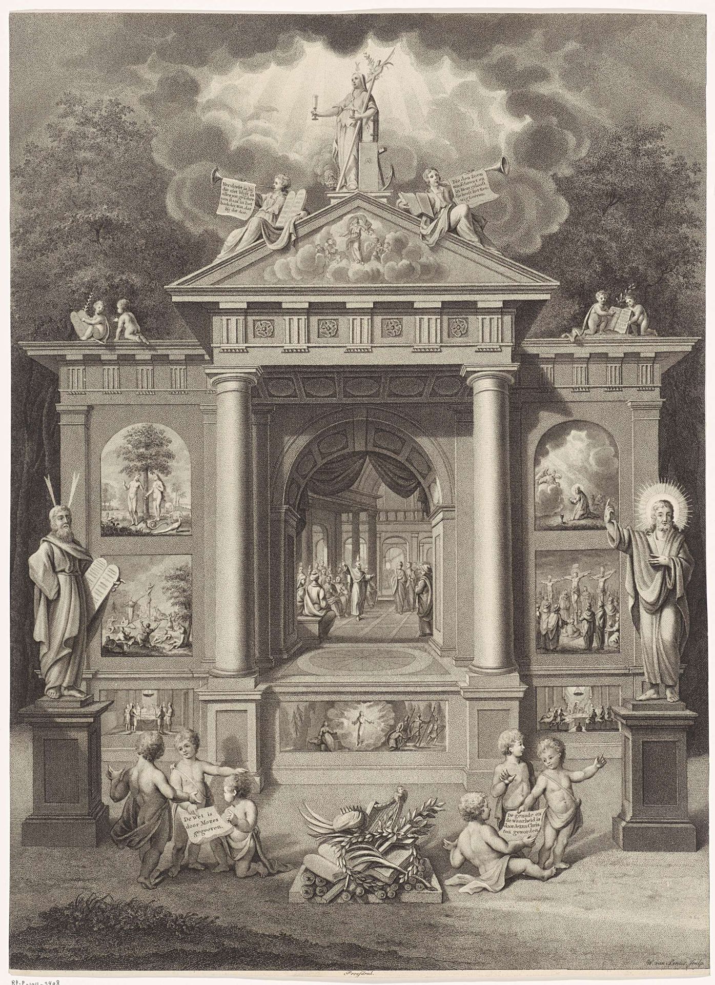 Tempel met scènes uit het Oude en Nieuwe Testament by Willem van Senus