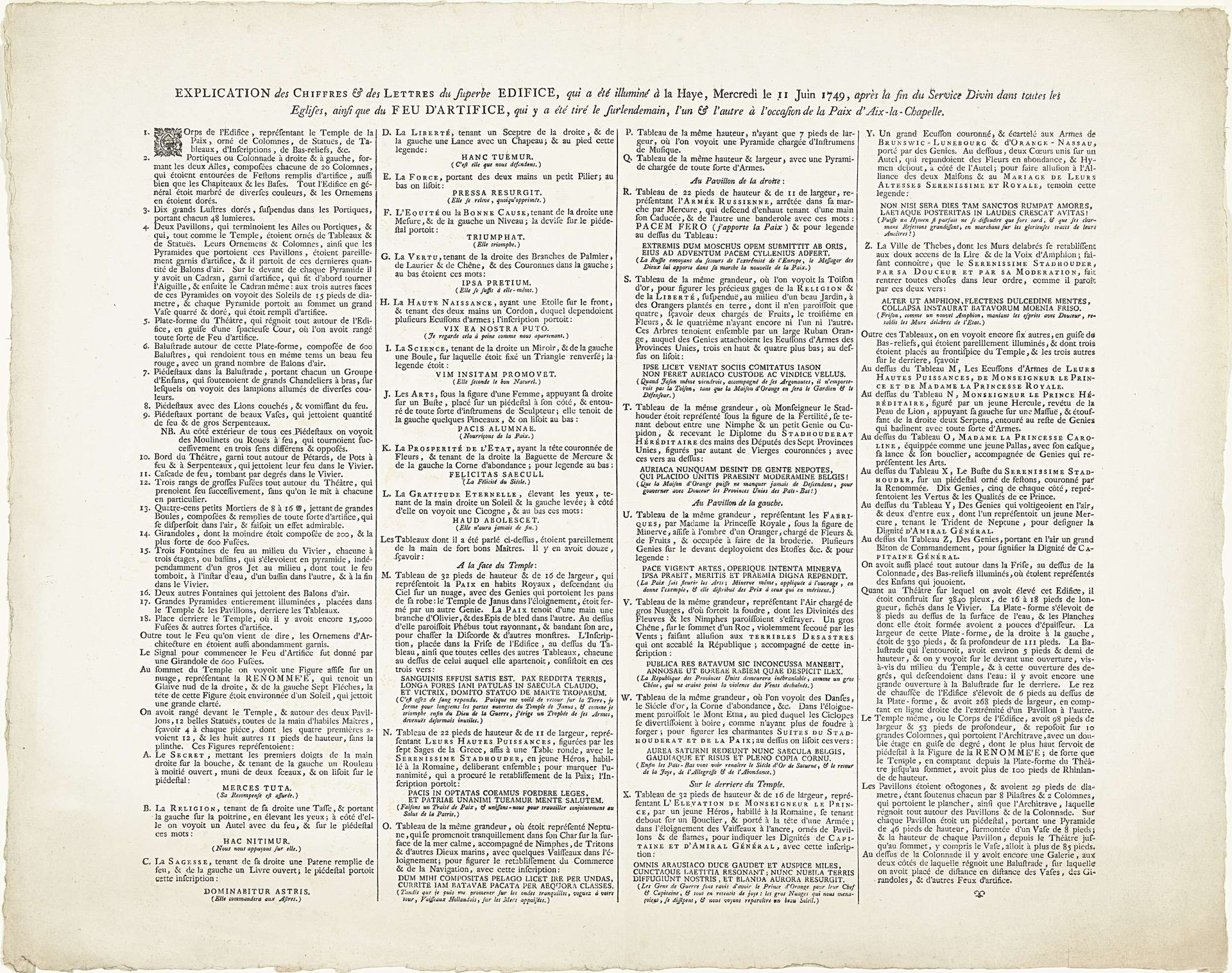 Verklarende tekst behorend bij voorstelling met het vuurwerkpaviljoen te Den Haag gebouwd ter gelegenheid van de feestelijkheden rond het sluiten van de Vrede van Aken op 11 juni 1749 by Anonymous