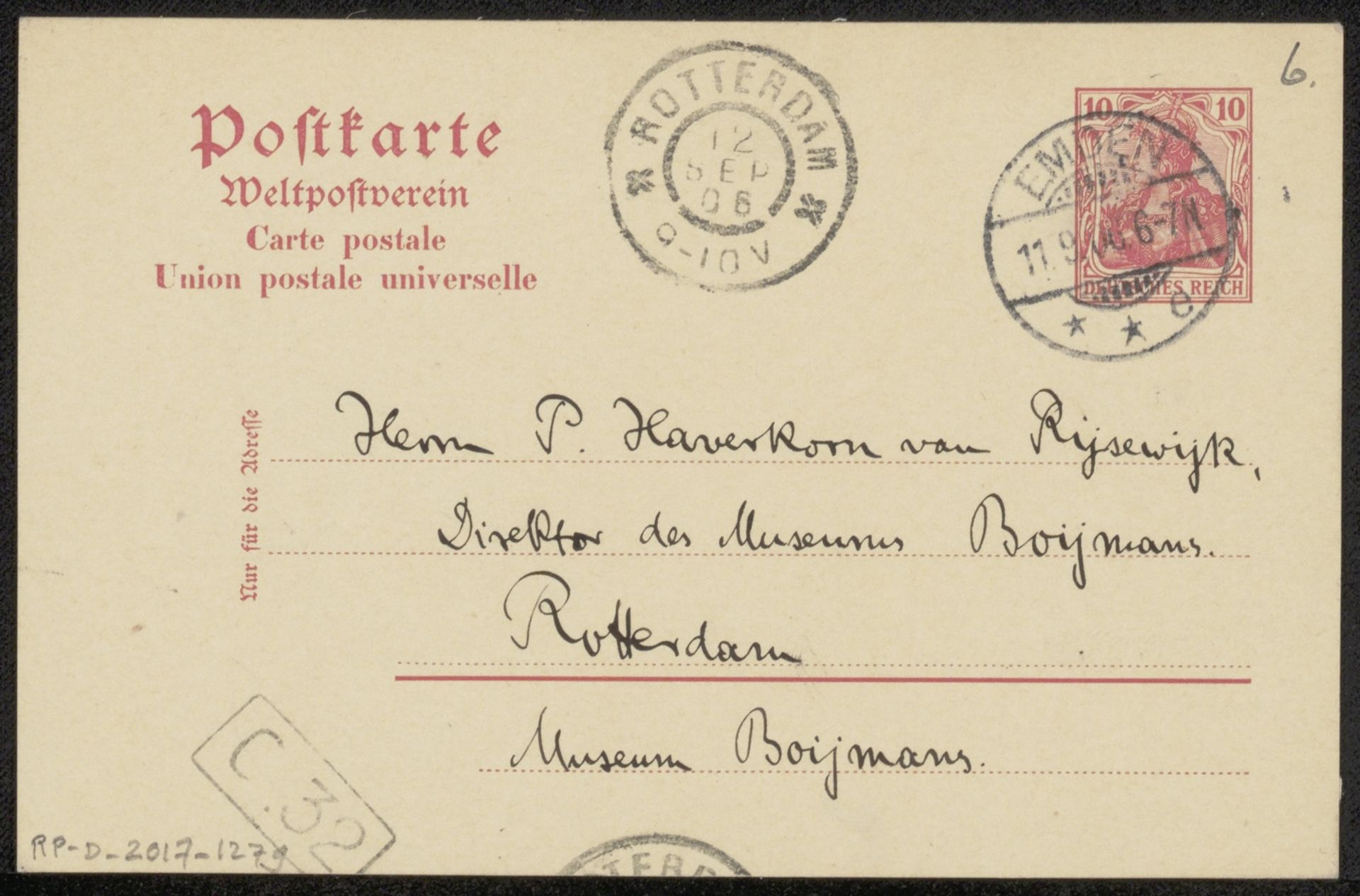 Briefkaart aan Pieter Haverkorn van Rijsewijk by F. Ritter