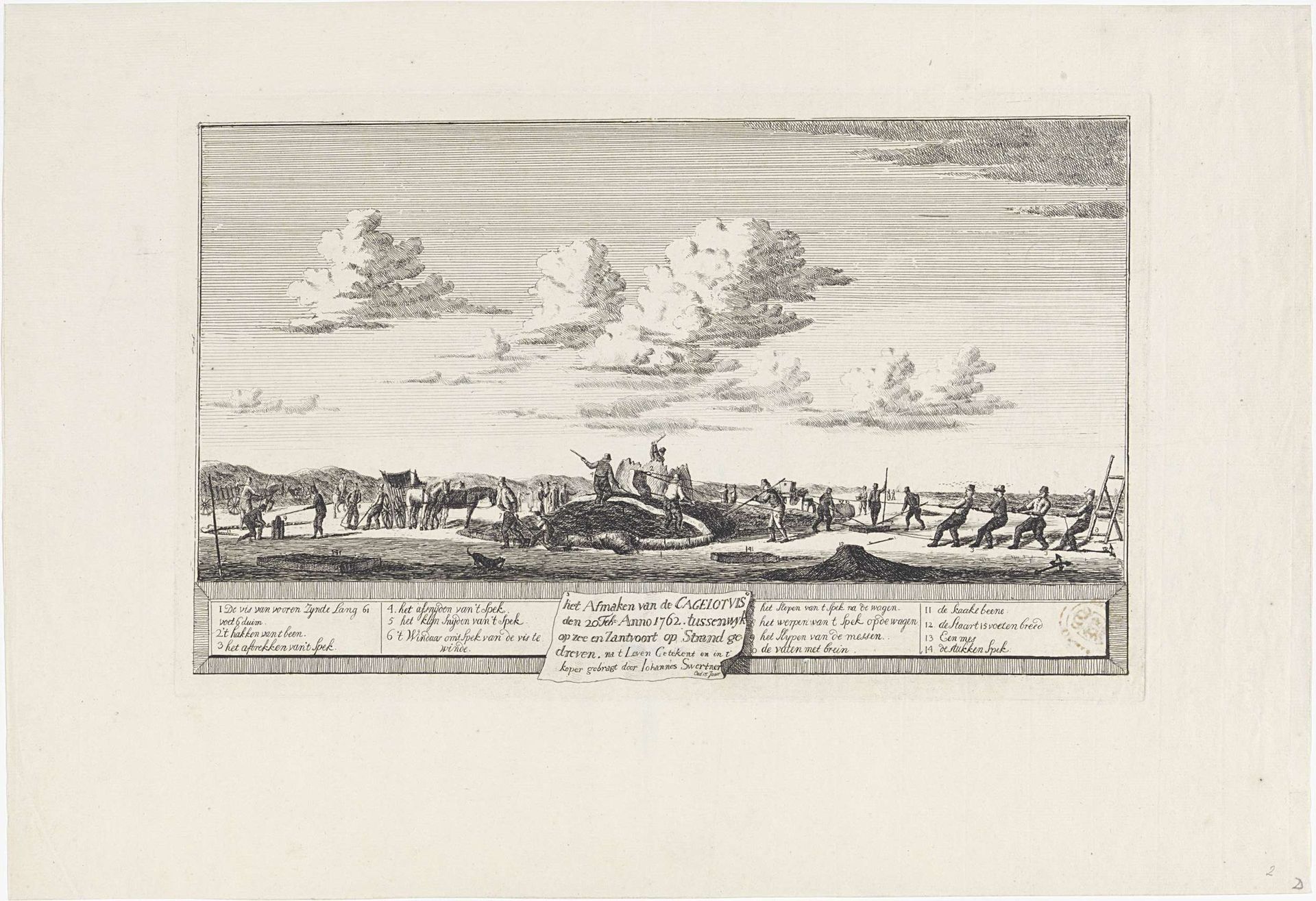 Slachten van de potvis gestrand tussen Zandvoort en Wijk aan Zee, 1762 by Johannes Swertner
