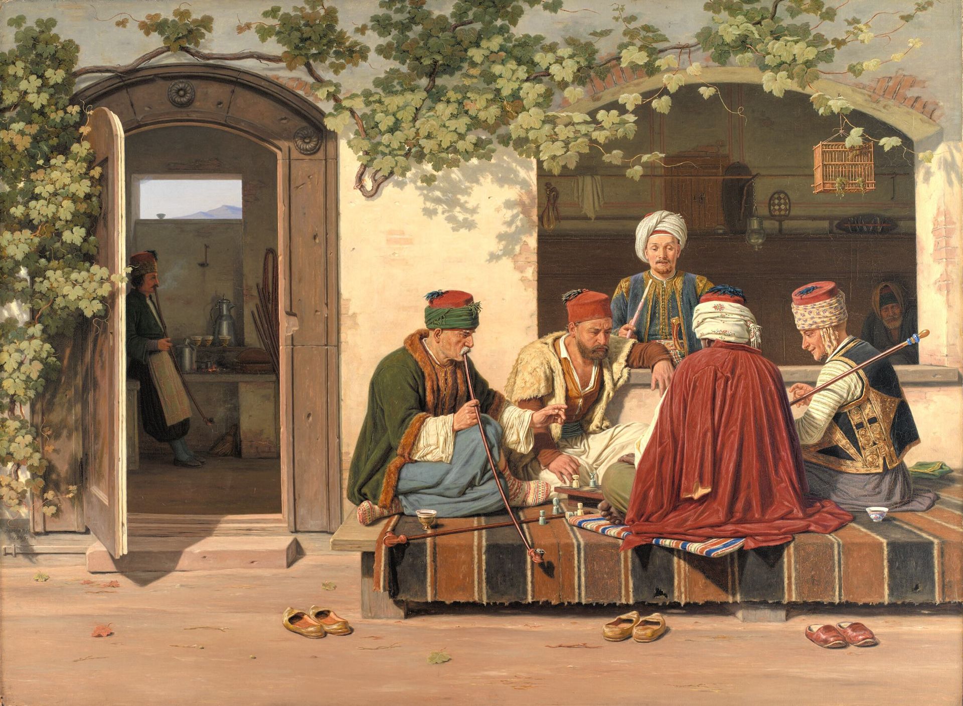 A party of chess players outside a Turkish coffeehouse and barbershop by Martinus Rørbye