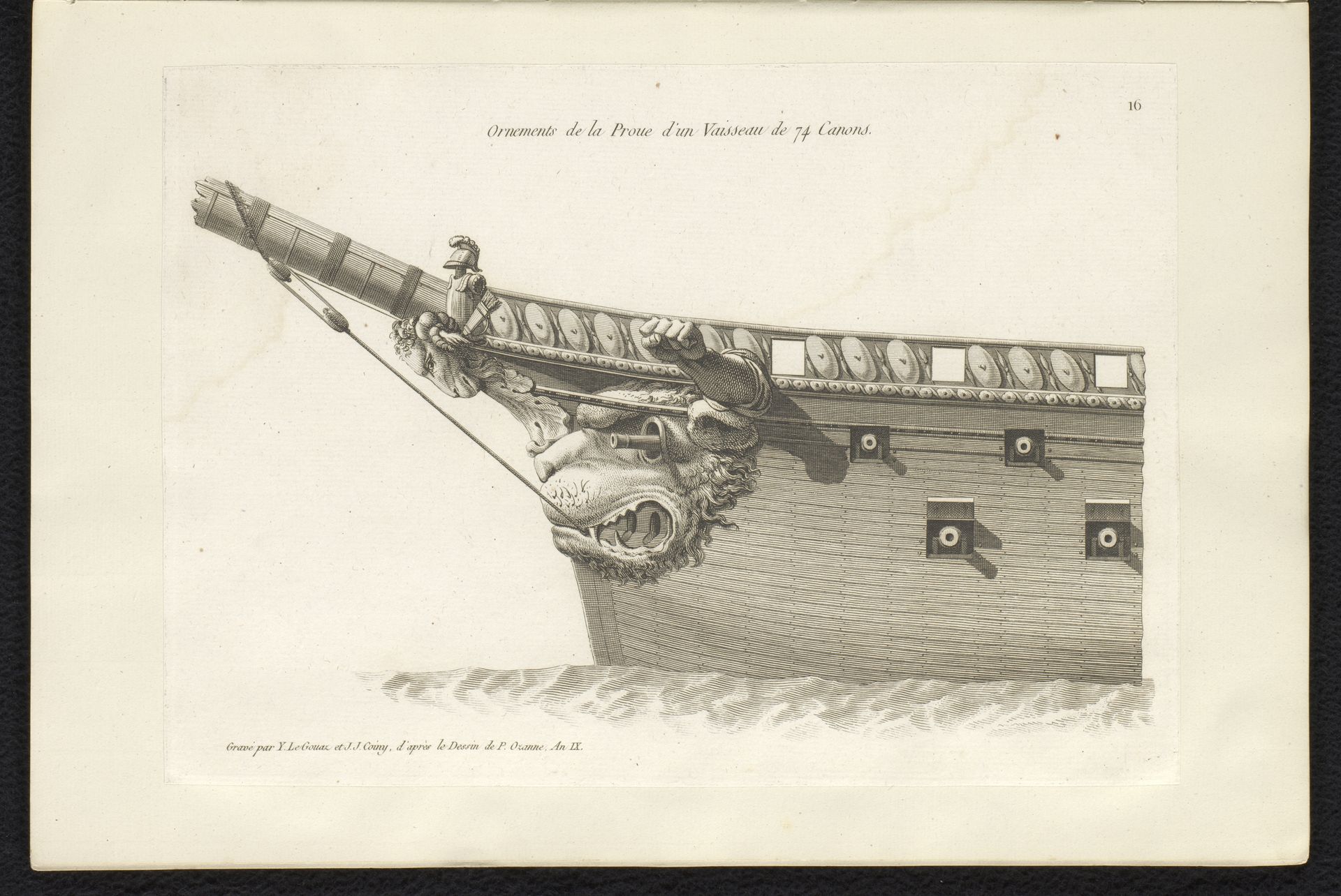 Voorsteven van een zeilschip met boegbeeld in de vorm van een leeuwenkop en uitgestoken vuisten by Joseph Coiny
