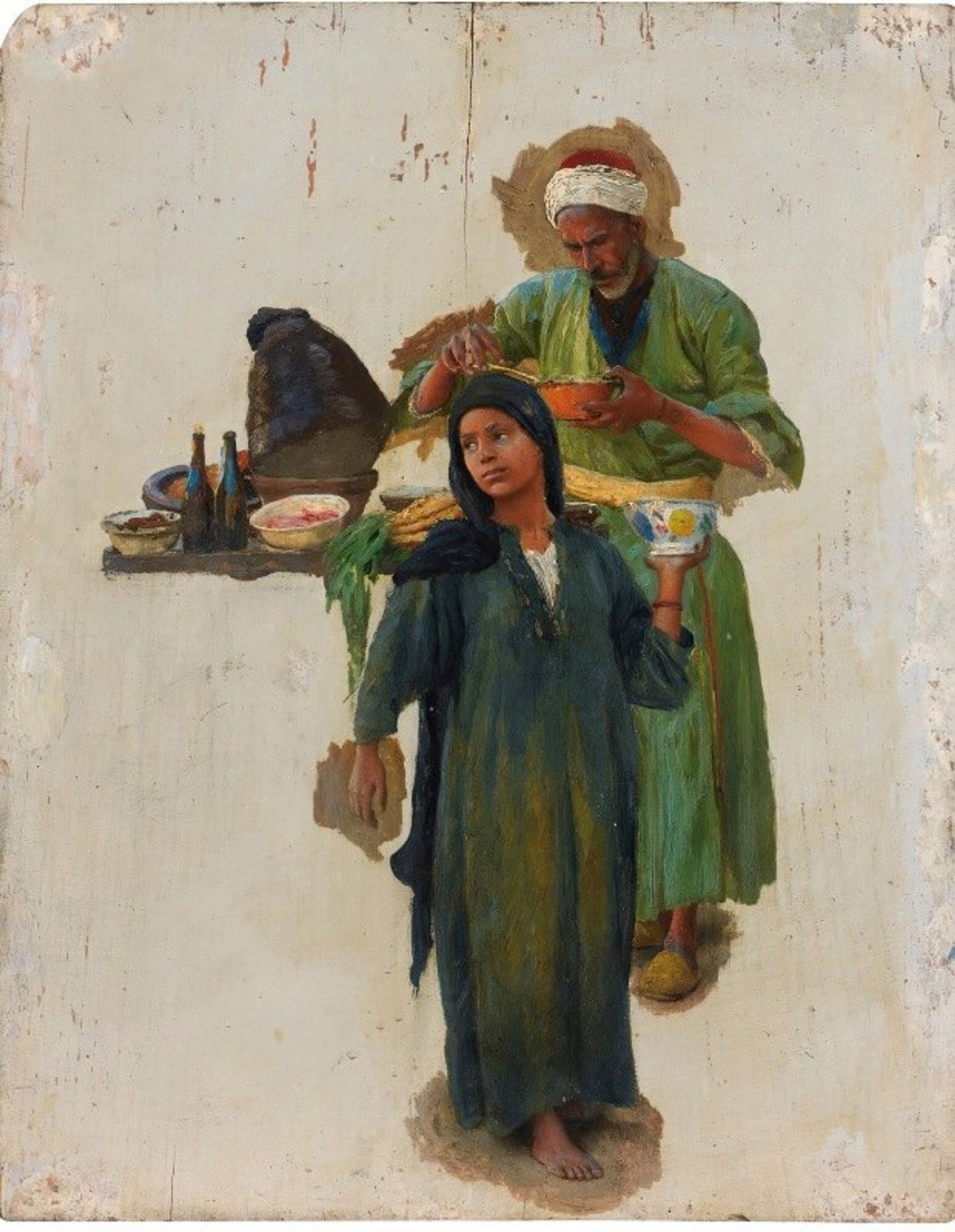 Study Of A Man And A Girl Holding A Bowl by Ludwig Deutsch