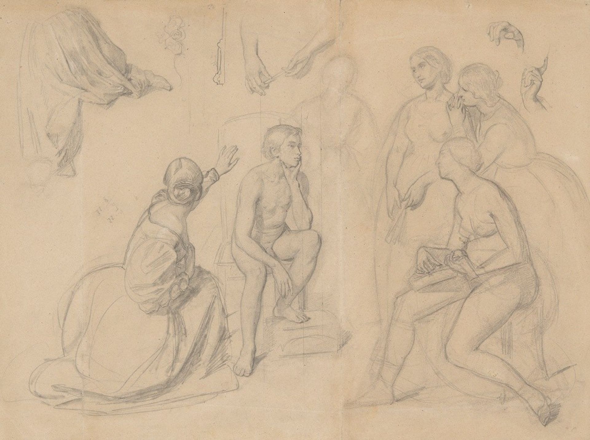 Fragment of composition with the prince figure and the ladies gathered around him, for the painting ‘The Upbringing of Sigismund Augustus’ by Józef Simmler